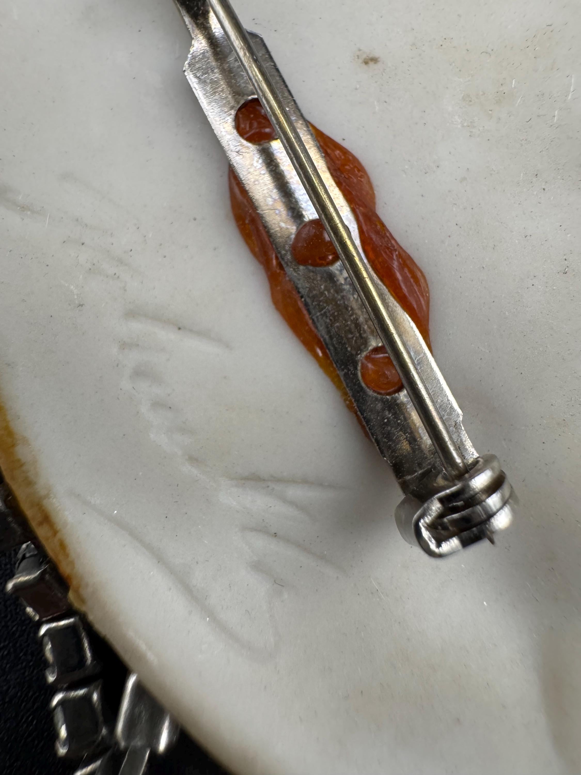 Signed Vintage porcelain rhinestone ceramic flapper face brooch: art deco lady pin