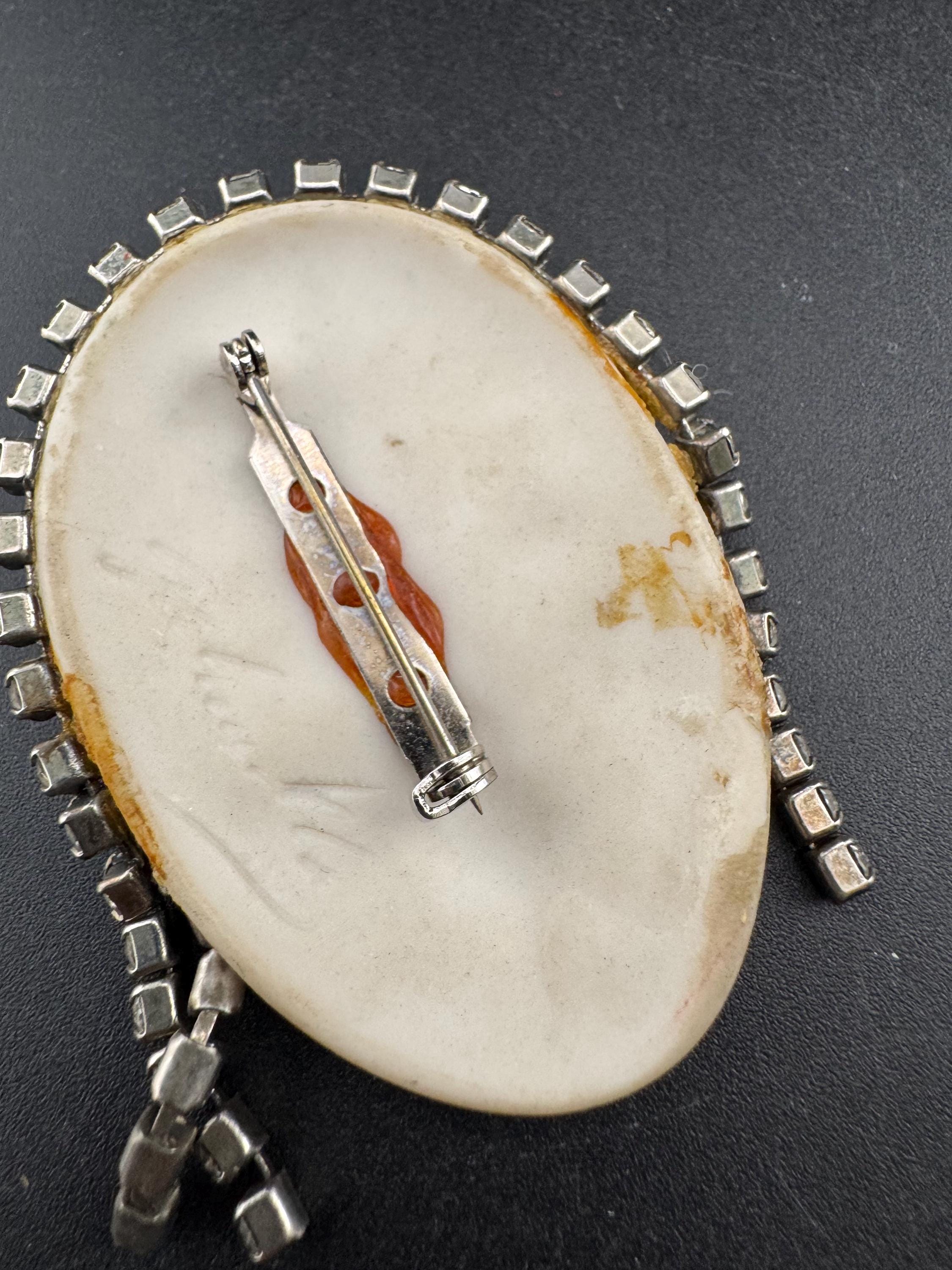 Signed Vintage porcelain rhinestone ceramic flapper face brooch: art deco lady pin