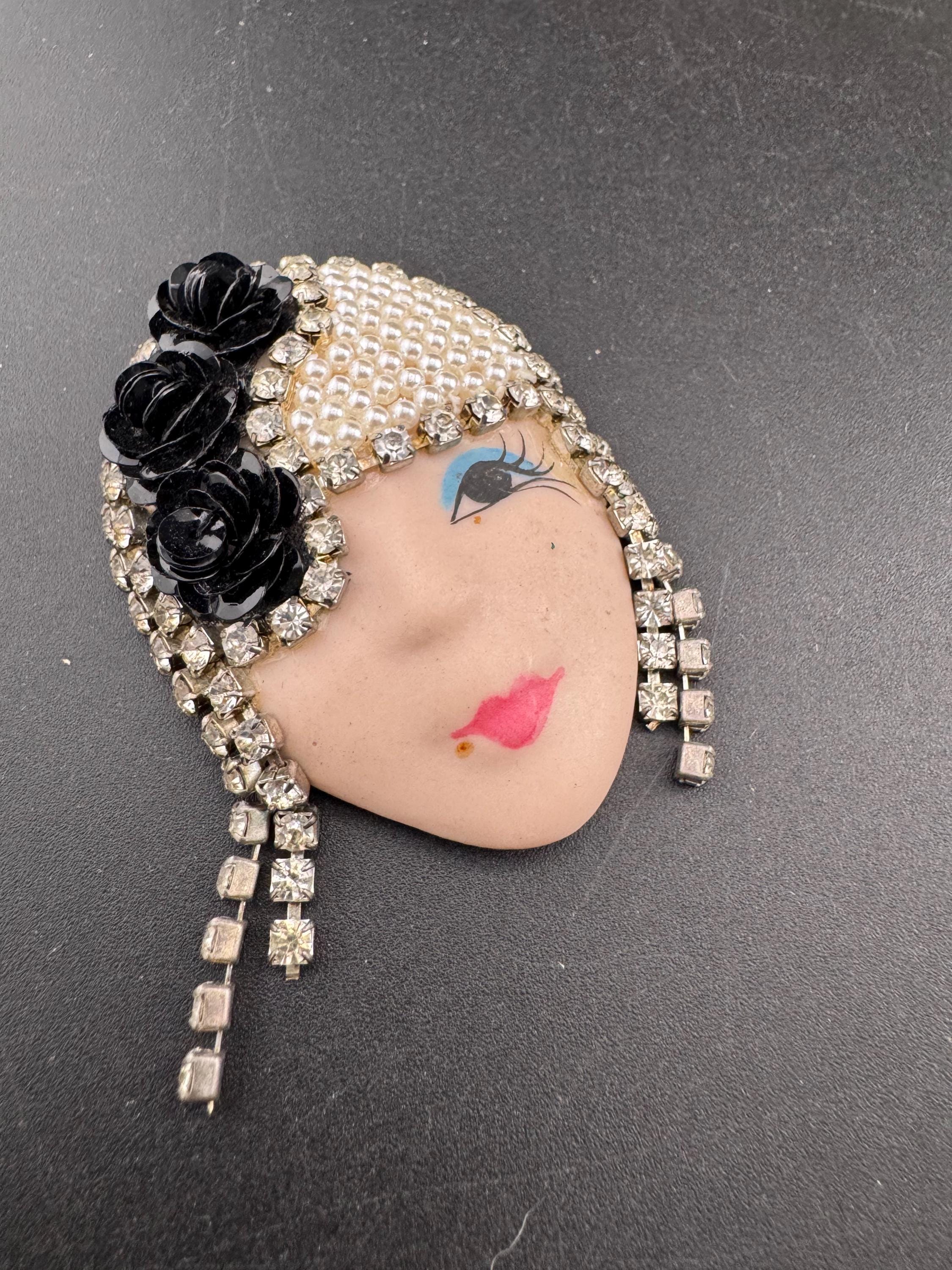 Signed Vintage Rhinestone Flapper Brooch - Art Deco Lady Pin
