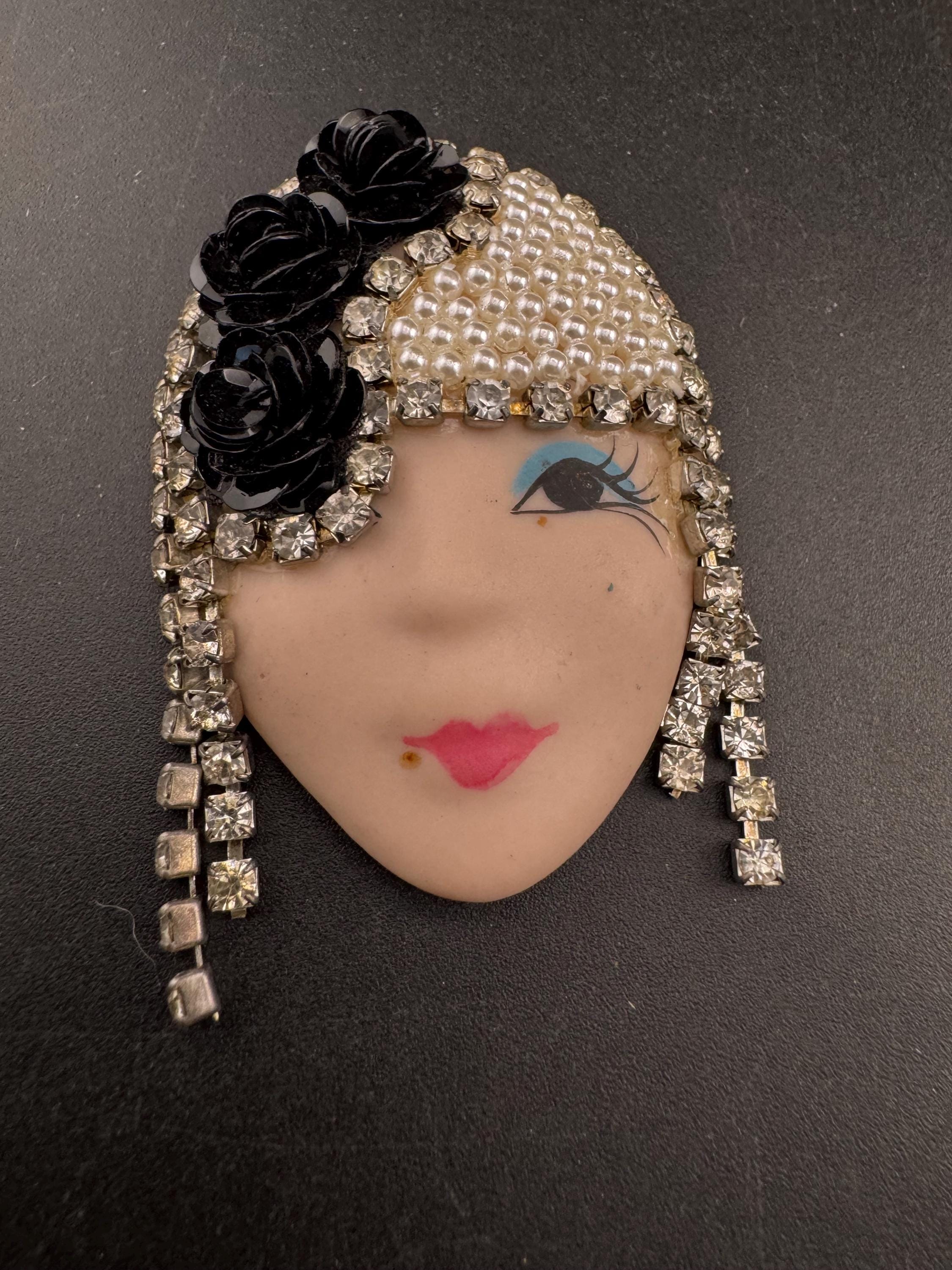 Signed Vintage Rhinestone Flapper Brooch - Art Deco Lady Pin