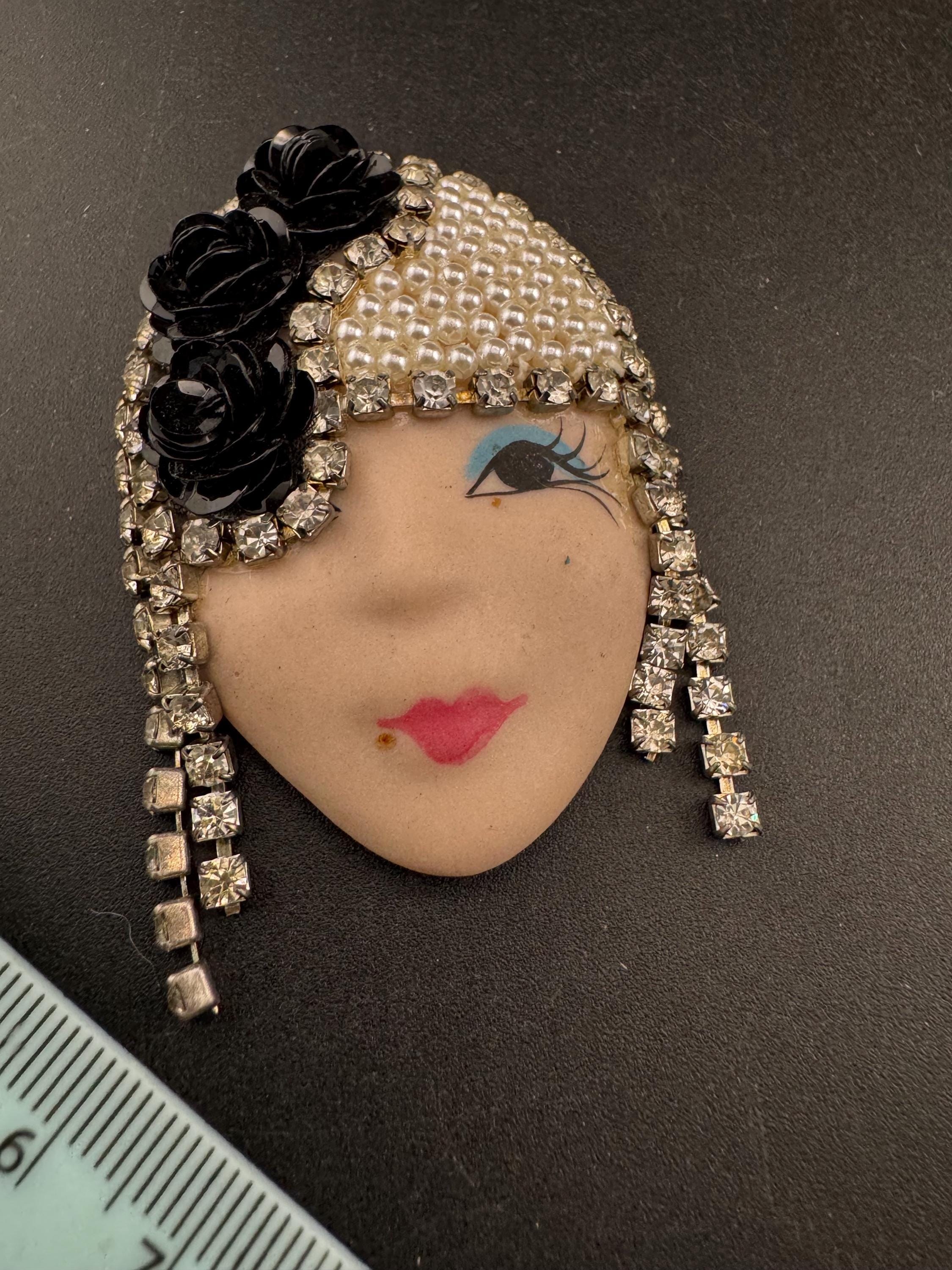 Signed Vintage Rhinestone Flapper Brooch - Art Deco Lady Pin