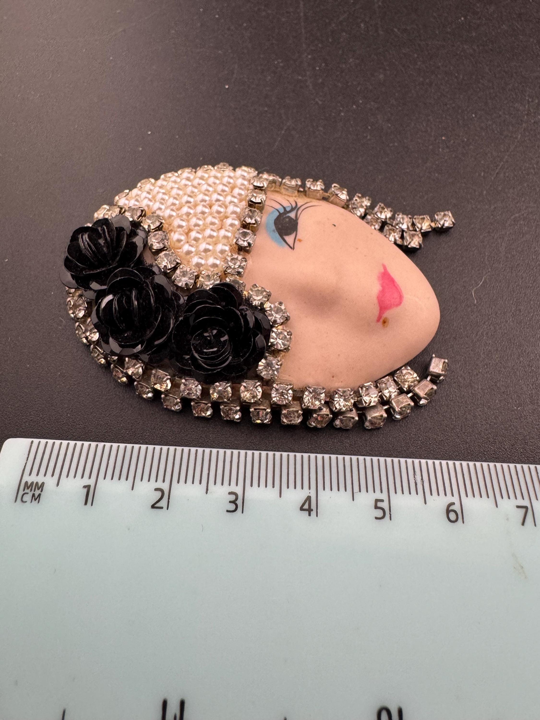 Signed Vintage Rhinestone Flapper Brooch - Art Deco Lady Pin