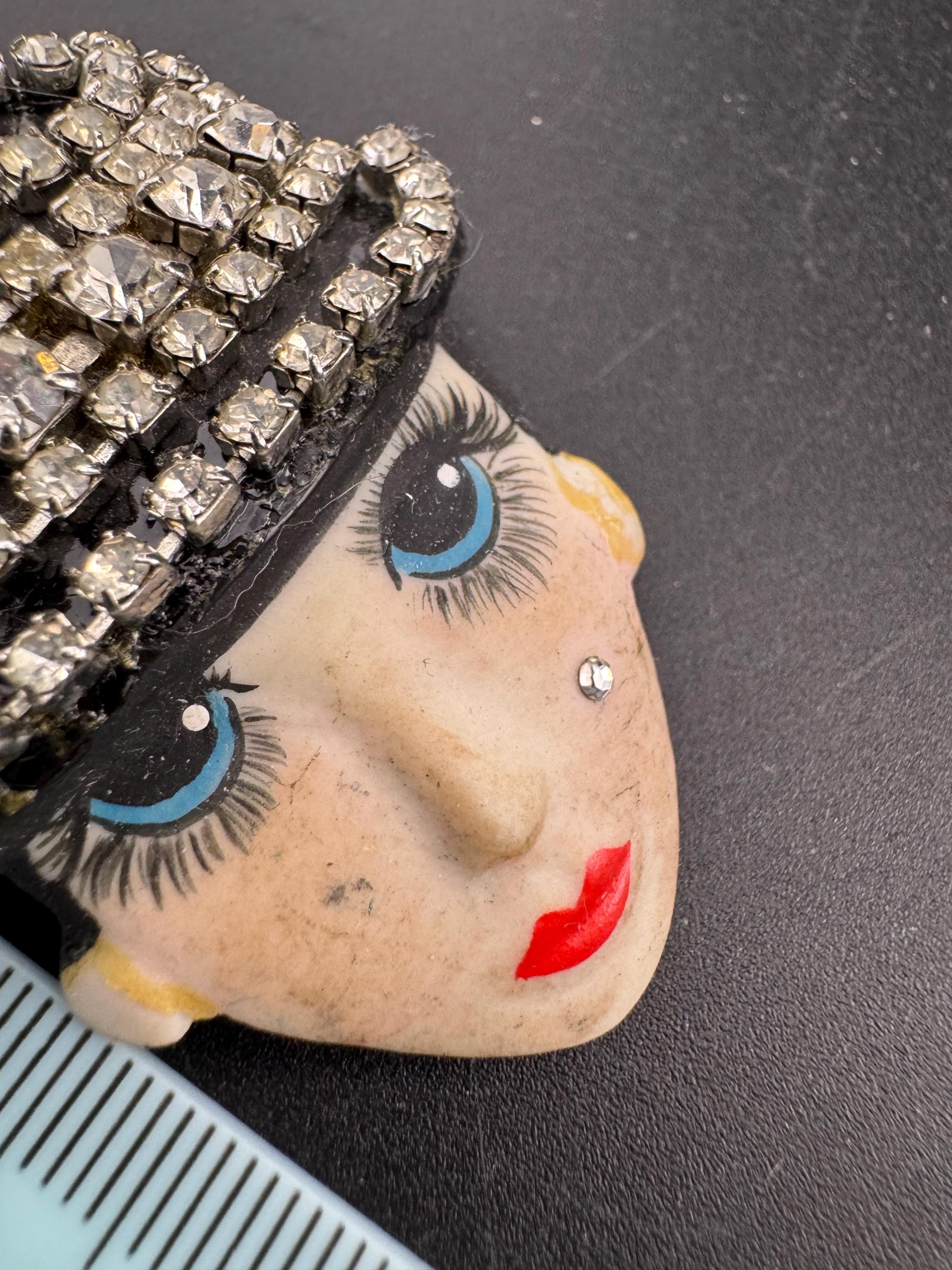 Signed Vintage porcelain rhinestone ceramic flapper face brooch: art deco lady pin