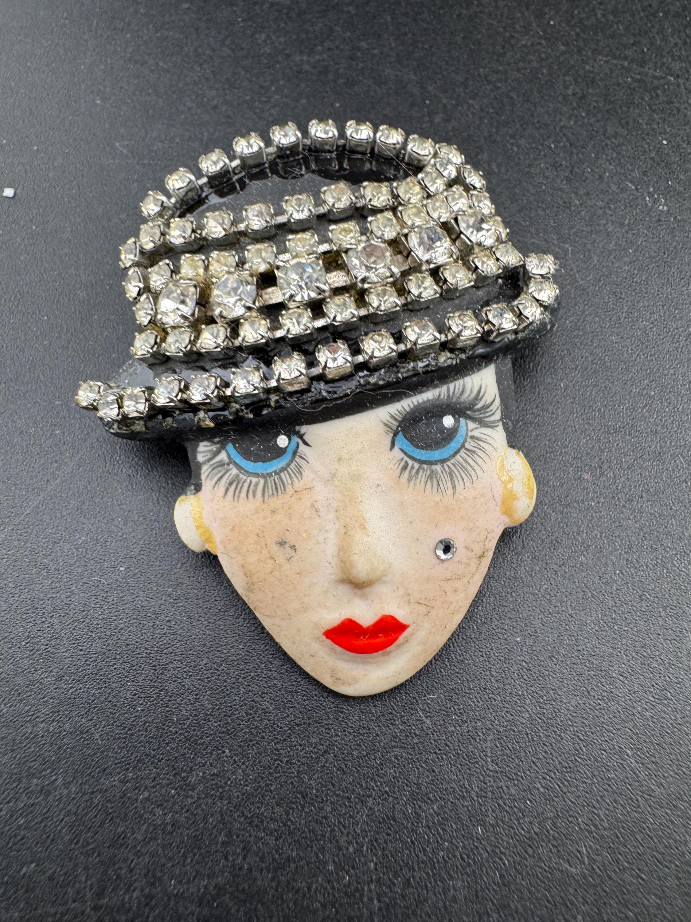 Signed Vintage porcelain rhinestone ceramic flapper face brooch: art deco lady pin