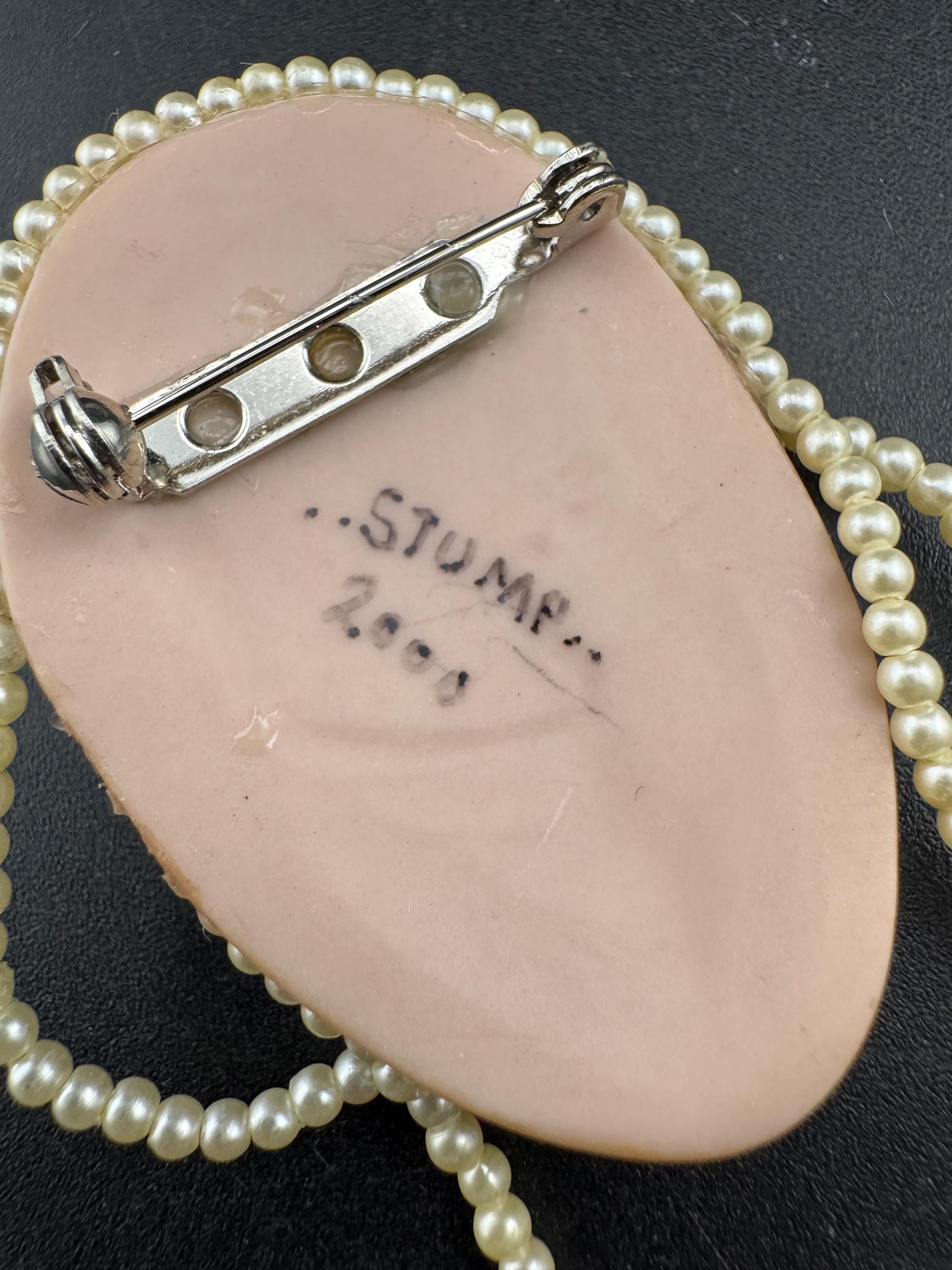 Signed Vintage Porcelain Flapper Brooch: Art Deco Lady Pin with Rhinestones & Pearls