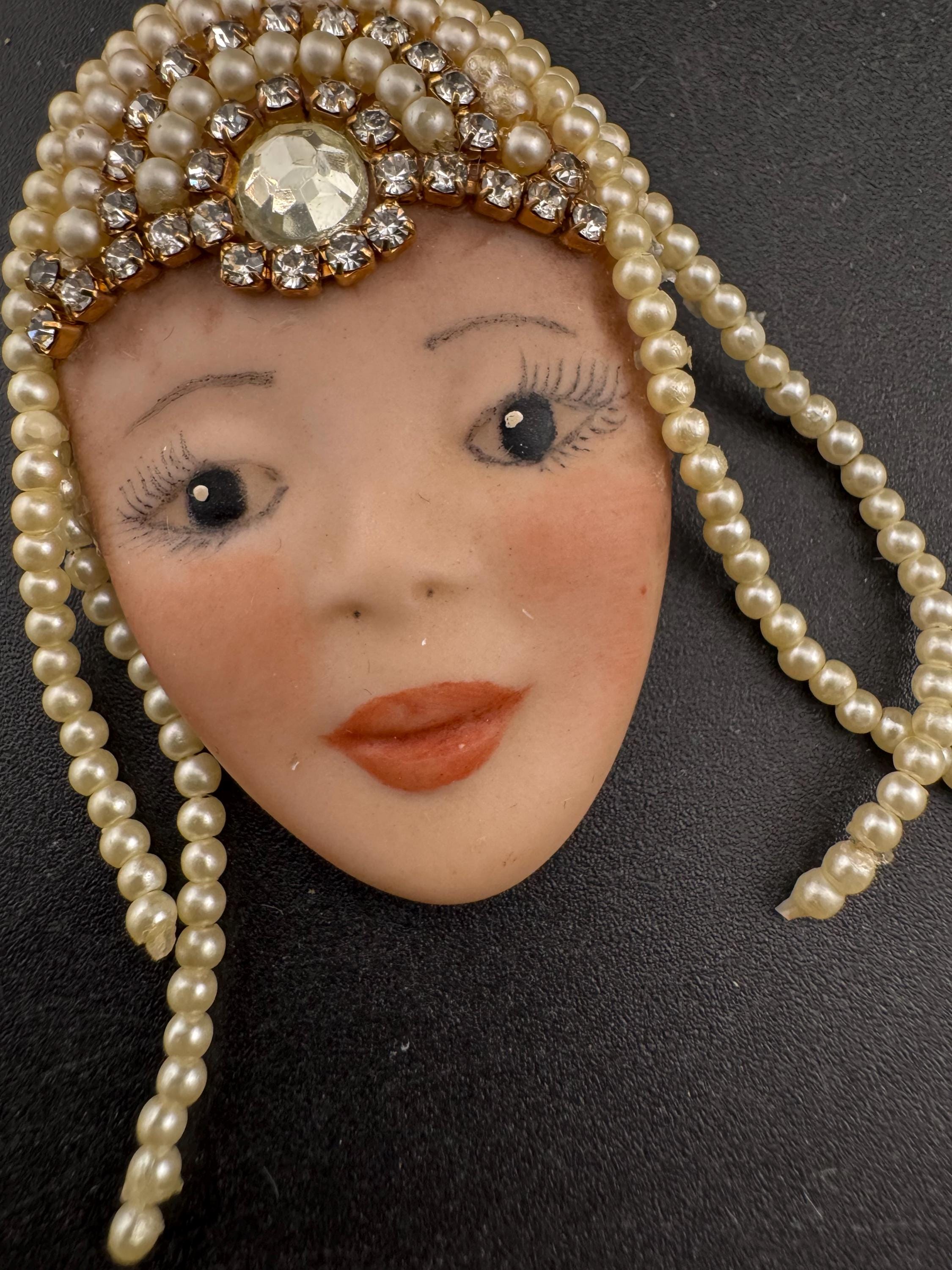 Signed Vintage Porcelain Flapper Brooch: Art Deco Lady Pin with Rhinestones & Pearls