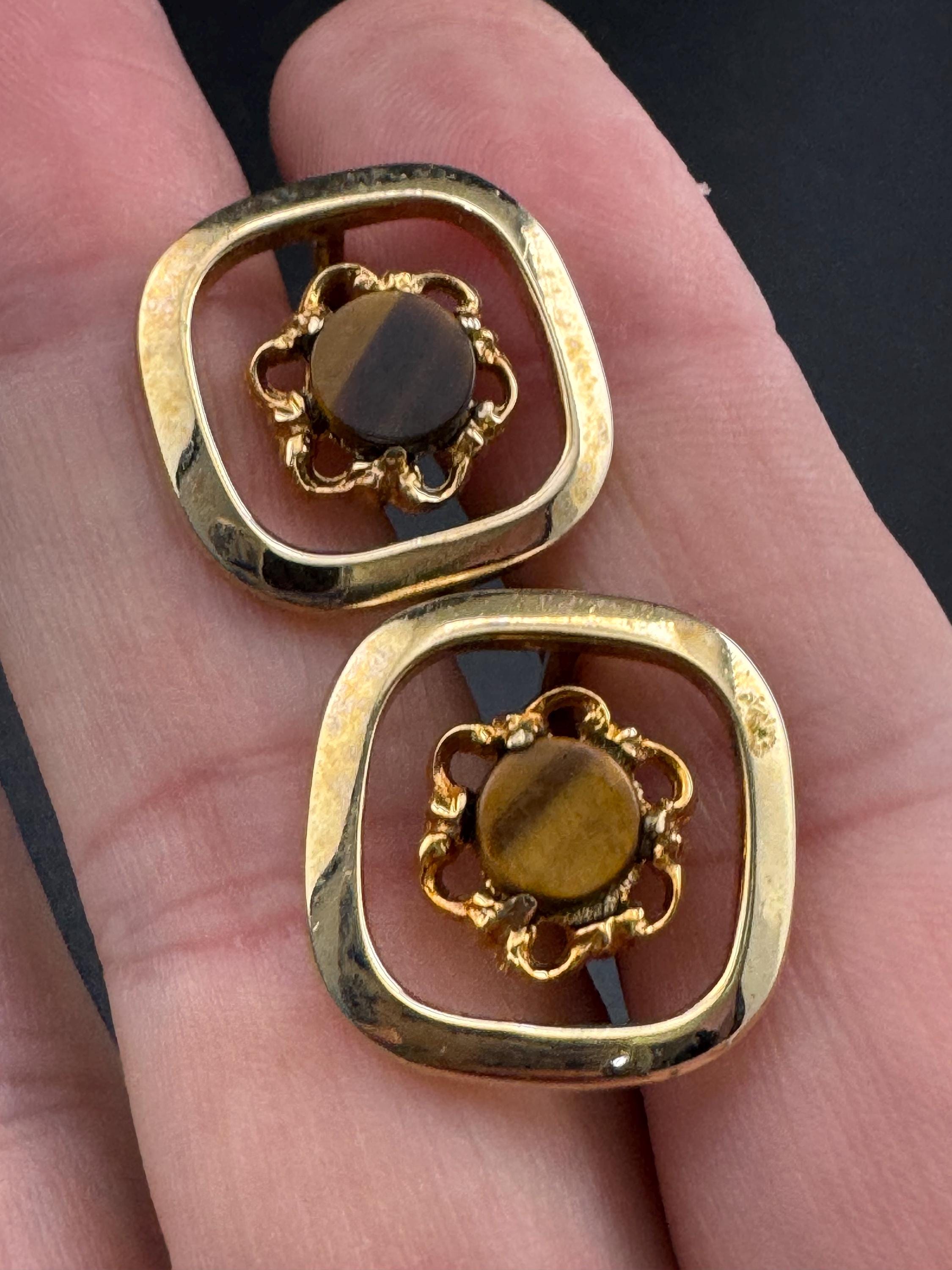 Vintage Brutalist 1970s brown tigerseye gemstone gold tone cufflinks