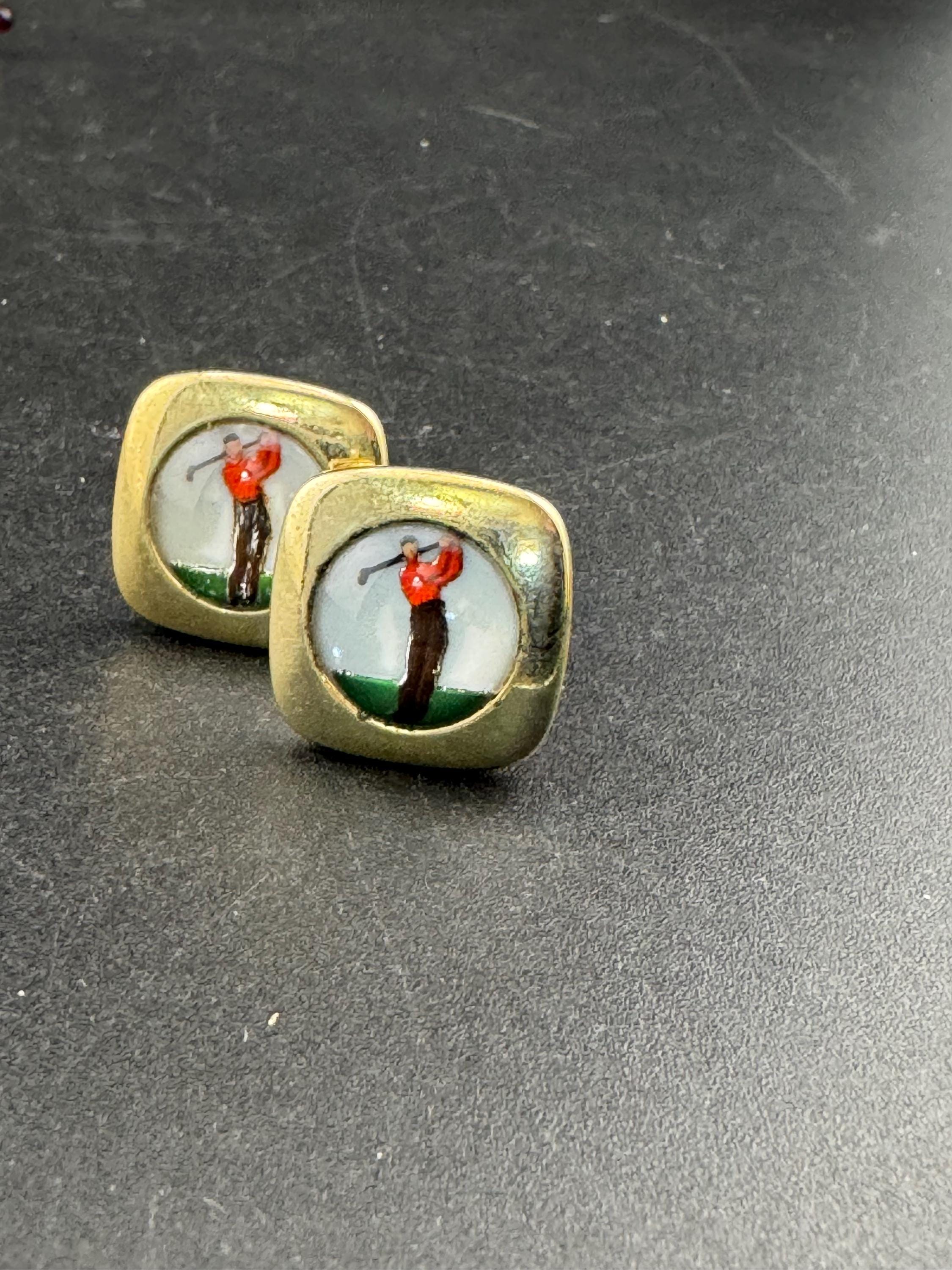Vintage men’s golfer cufflinks, mid century reverse carved, golf