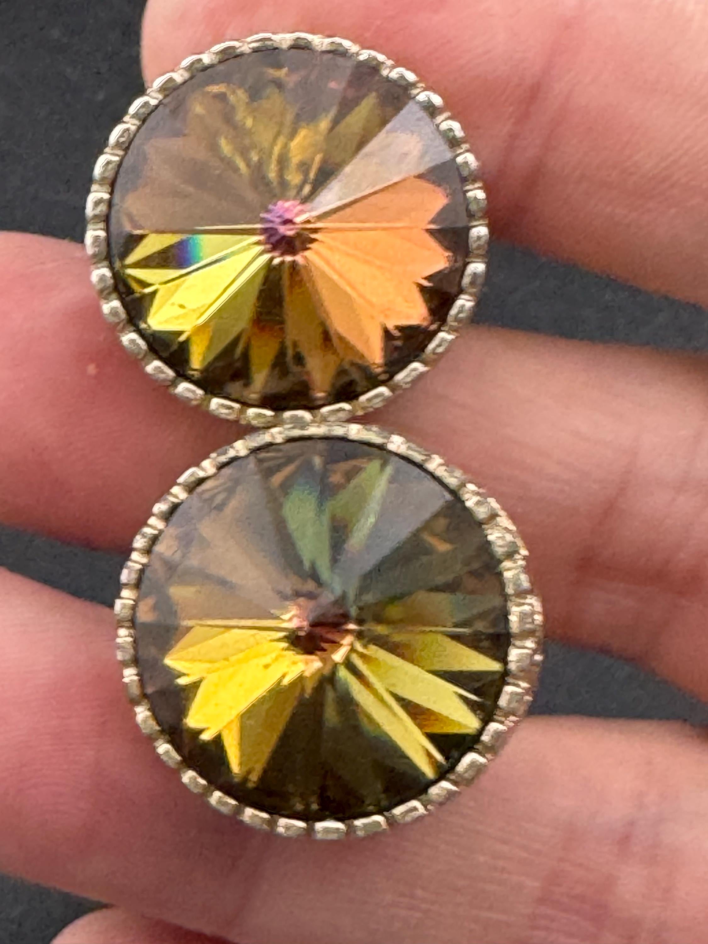 Vintage men’s gold cufflinks with brown green Rivoli crystal Rhinestones, Brutalist 1970s
