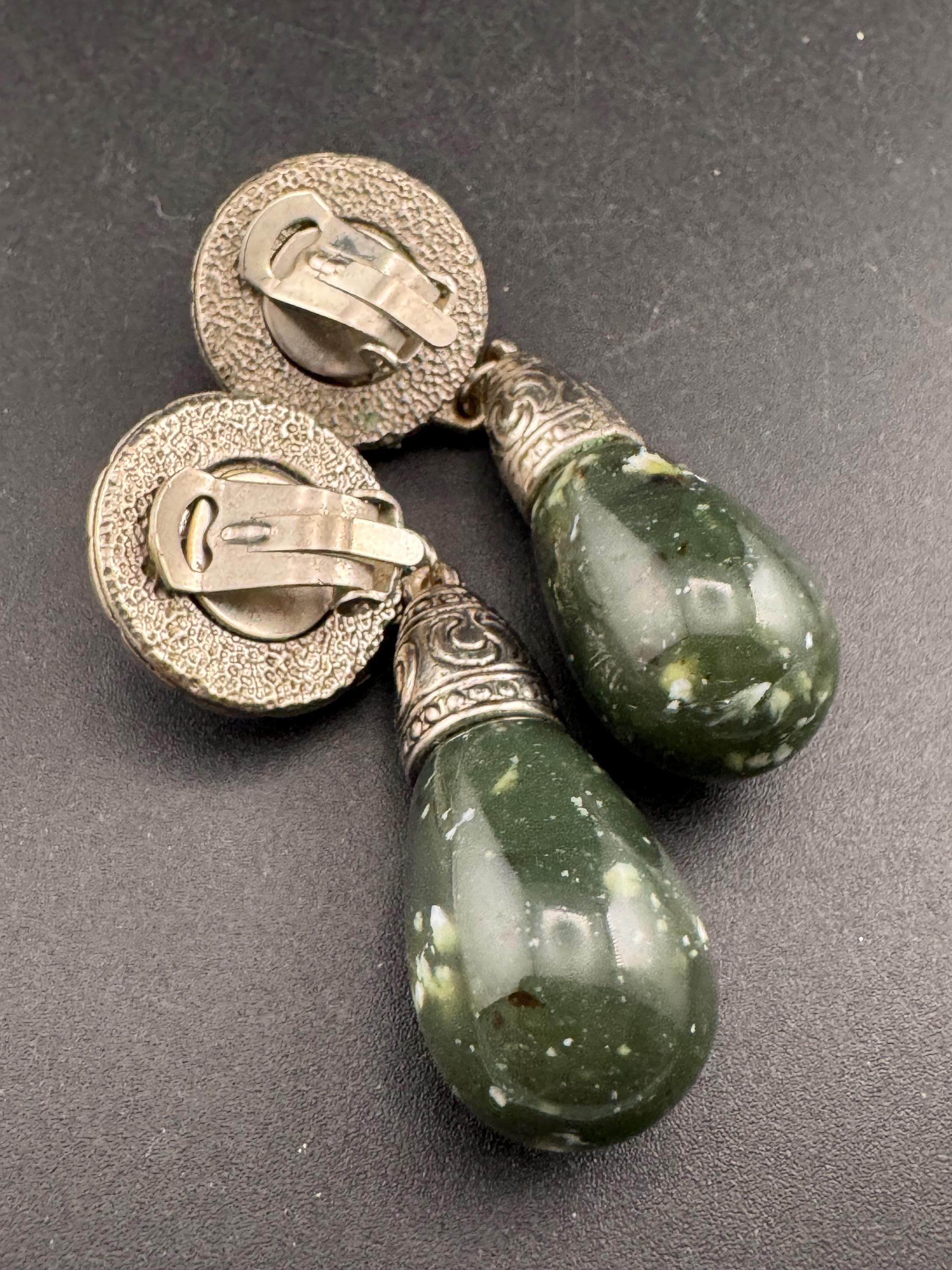 vintage oversized 7cm green cabochon and teardrop clip on earrings