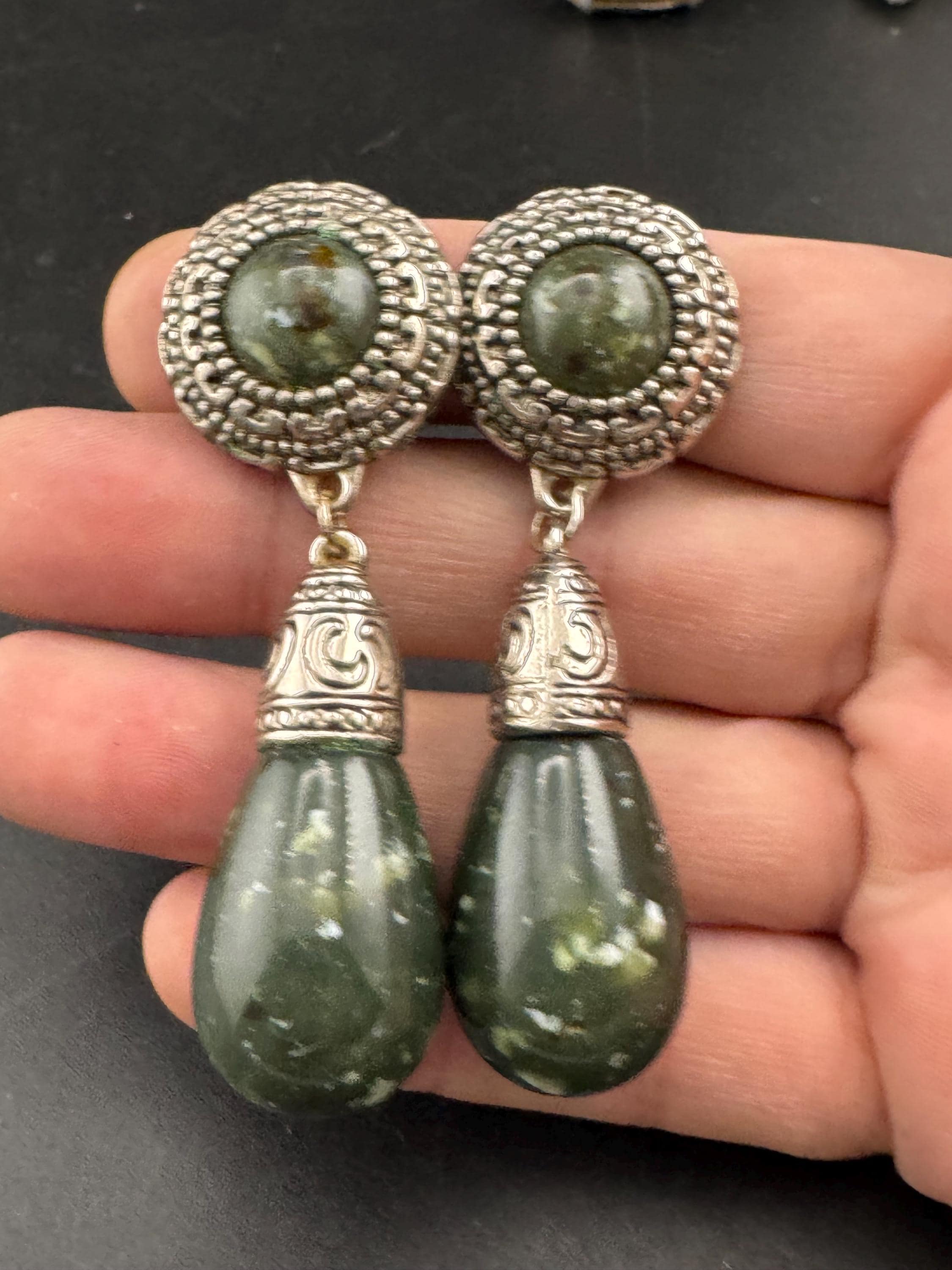 vintage oversized 7cm green cabochon and teardrop clip on earrings