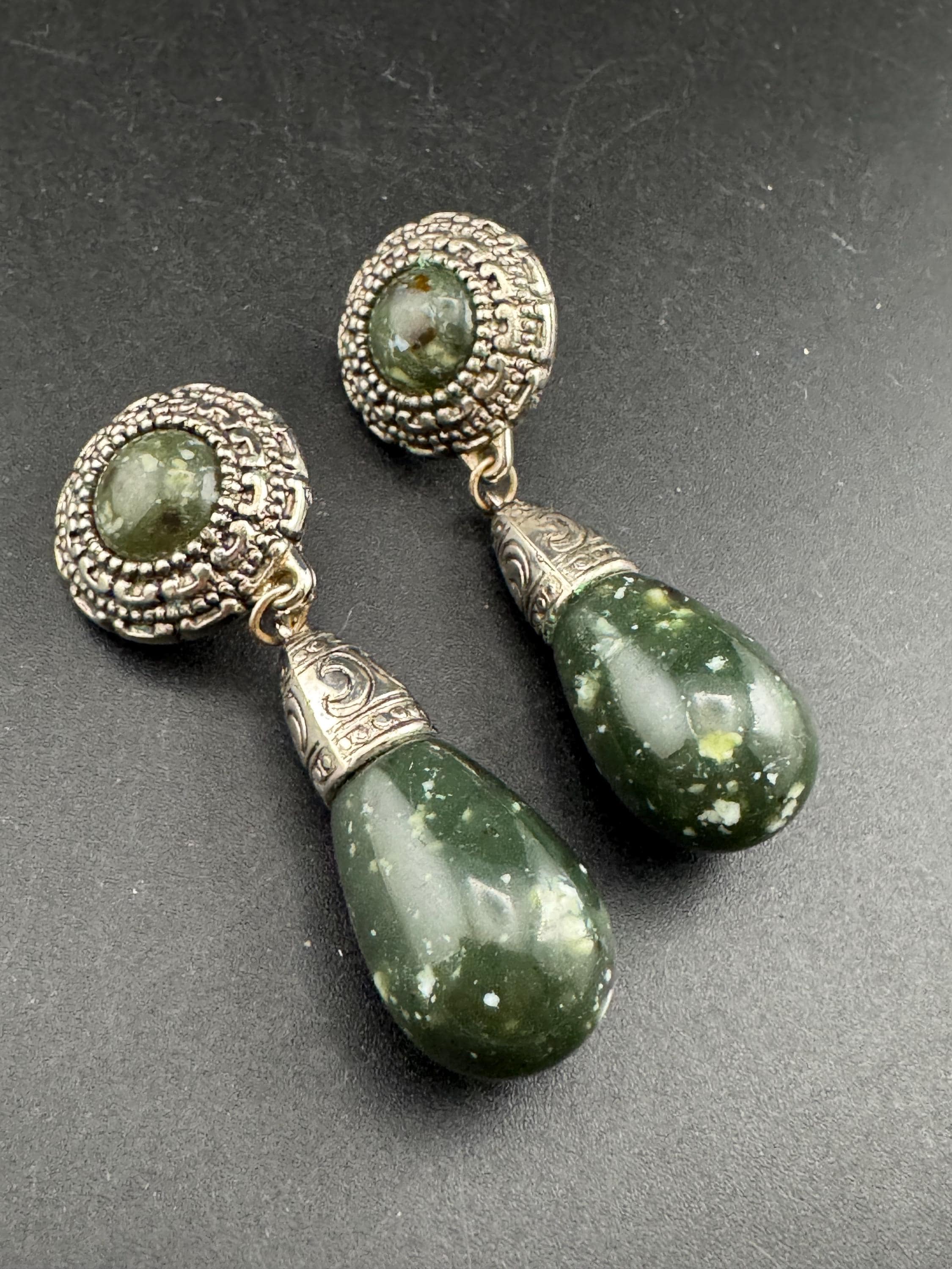 vintage oversized 7cm green cabochon and teardrop clip on earrings