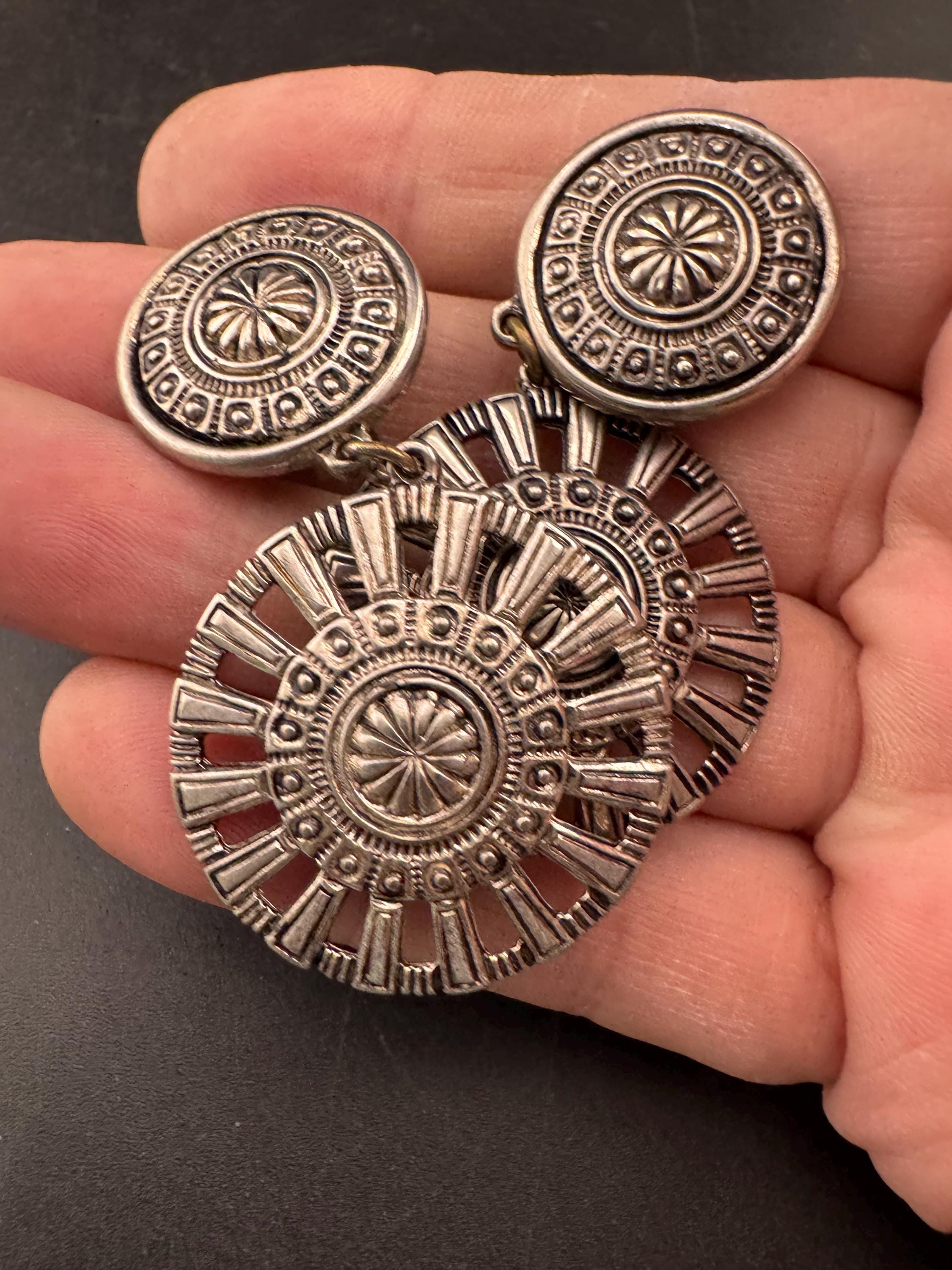 Signed oversized Etruscan round disc metal dangly clip on earrings