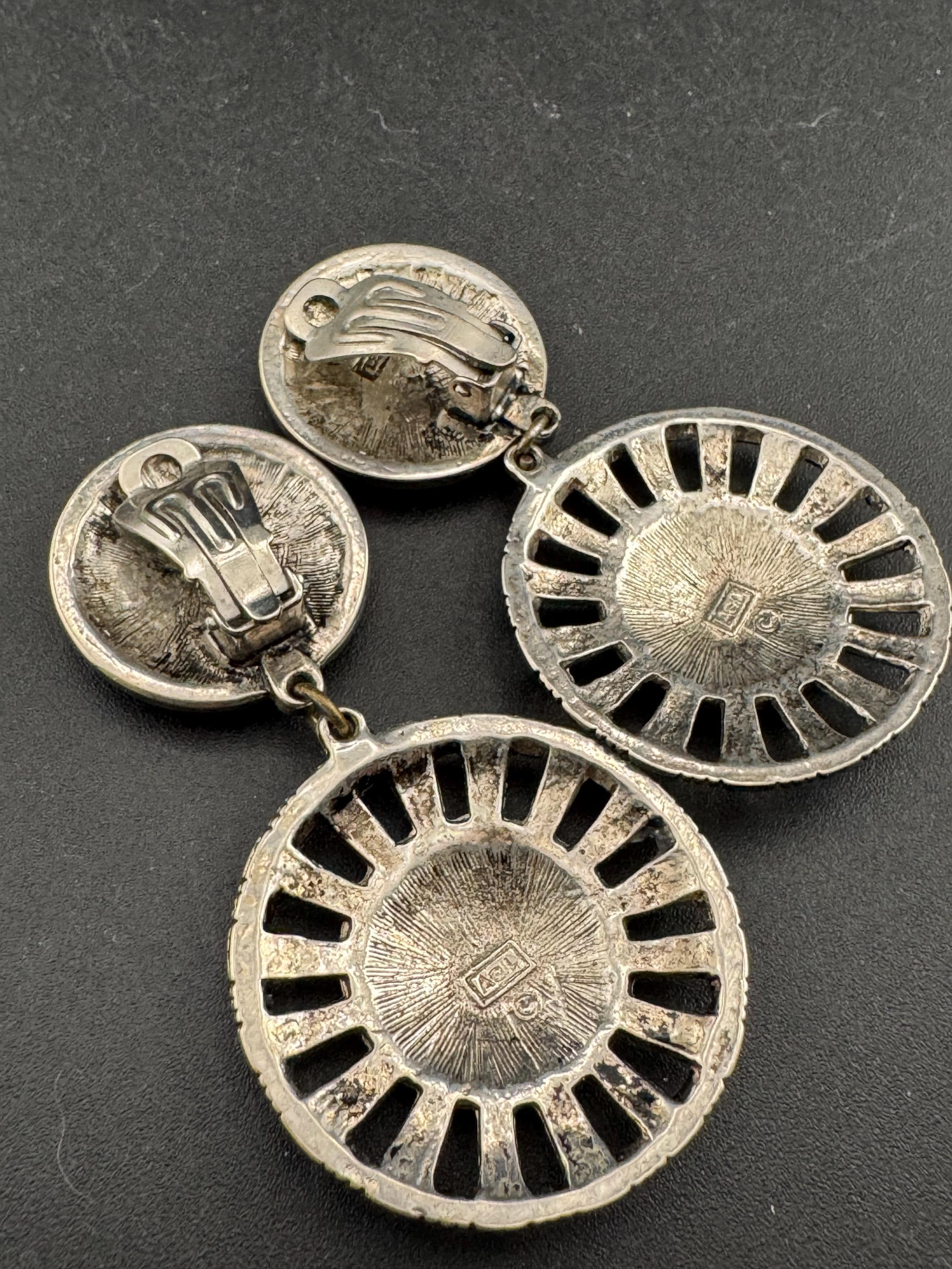 Signed oversized Etruscan round disc metal dangly clip on earrings