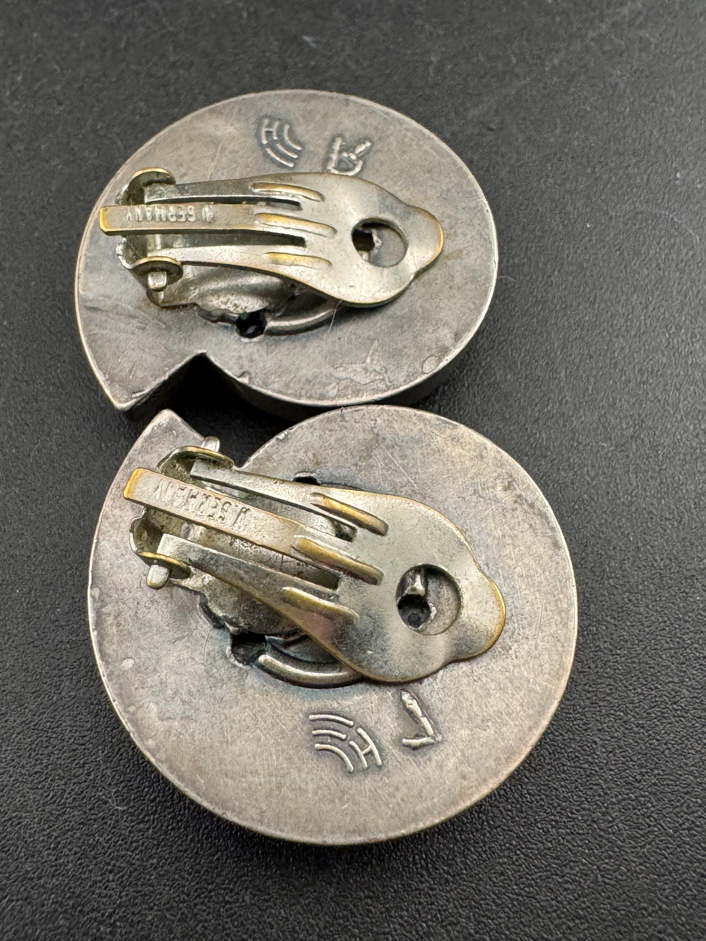 Signed west Germany Vintage ammonite seashell clip on earrings, silver tone metal studs
