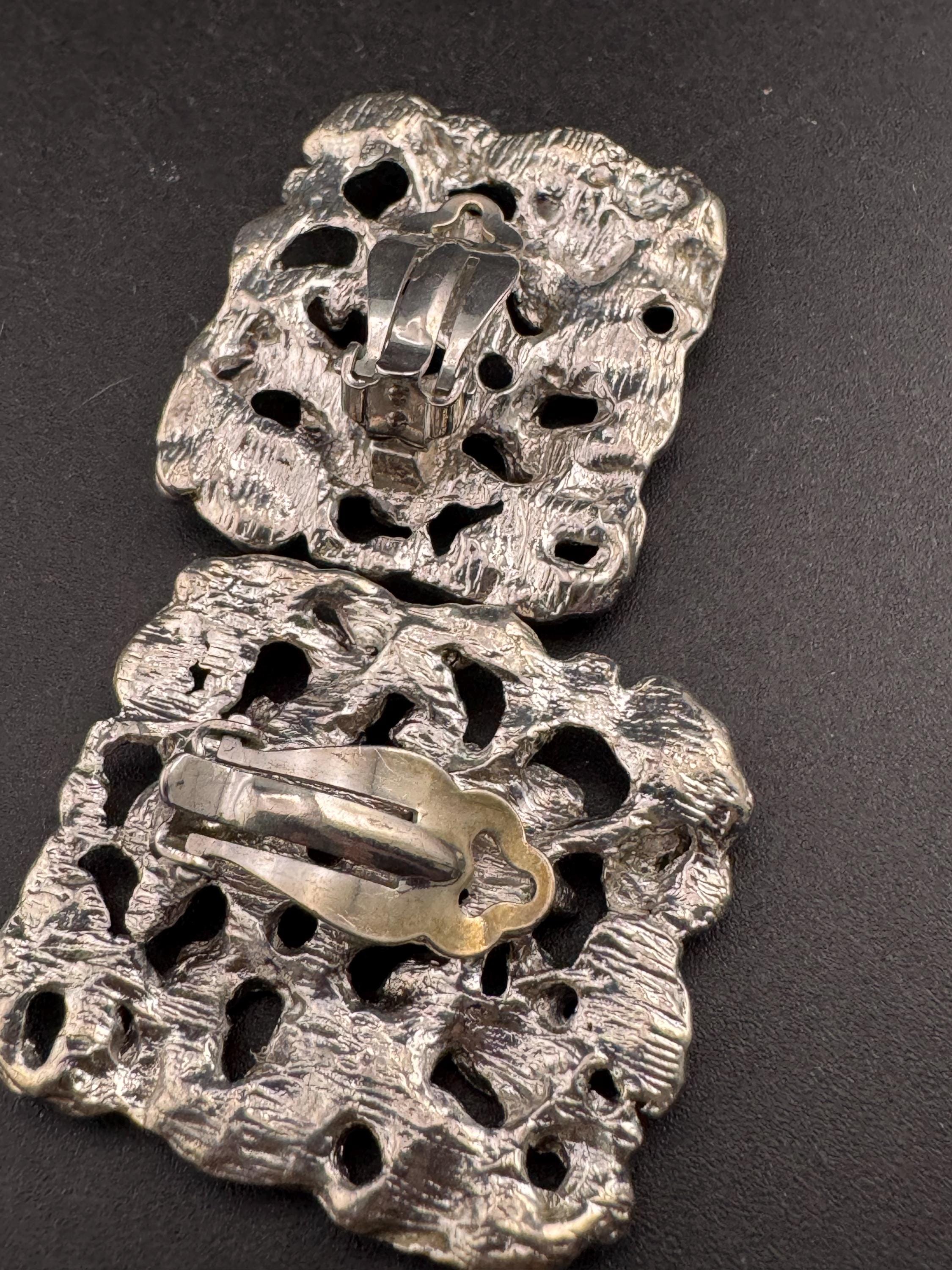 1970s brutalist big silver tone metal clip on stud earrings