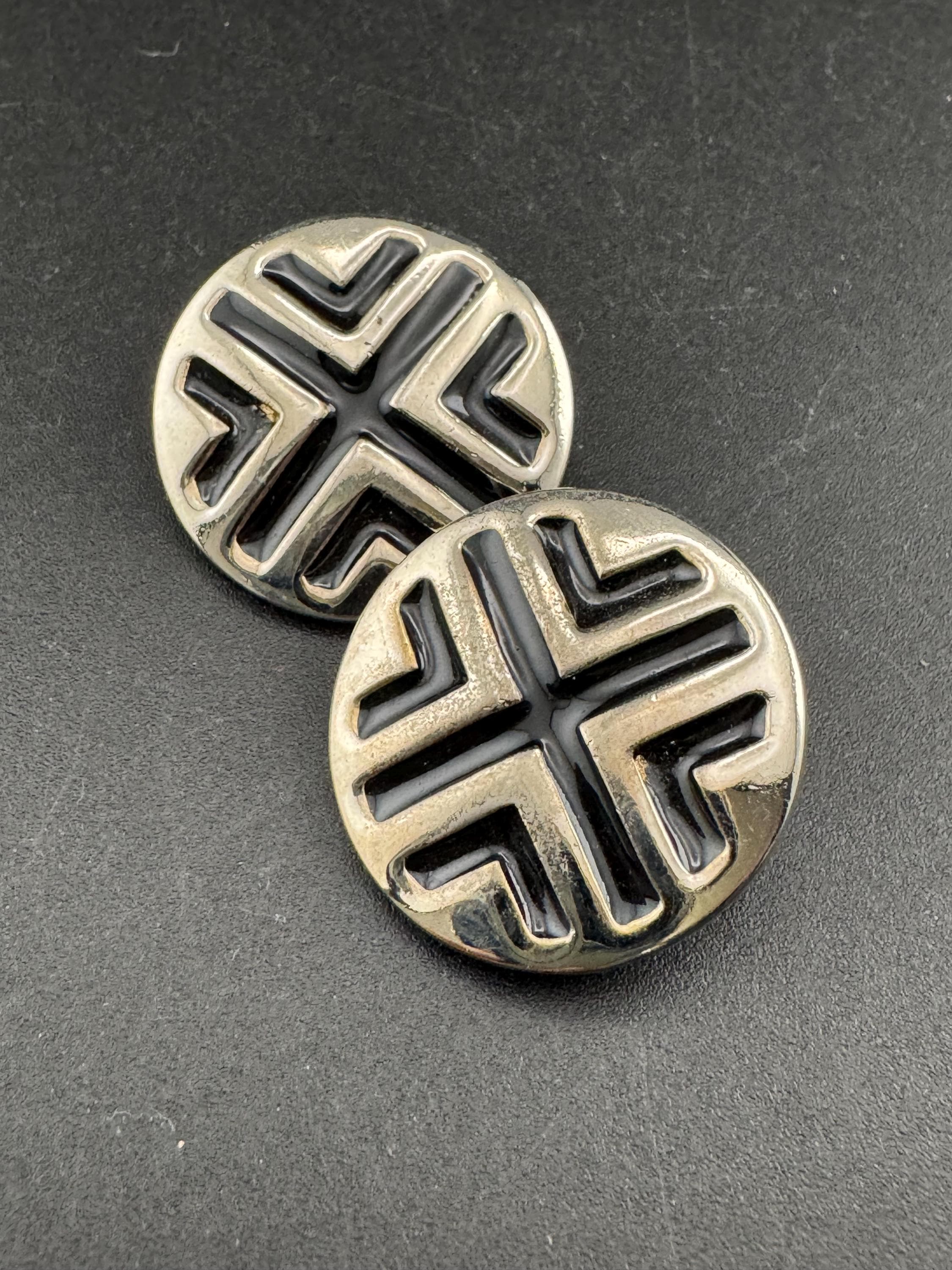 Vintage silver and black enamel round button clip on earrings 2.5cm
