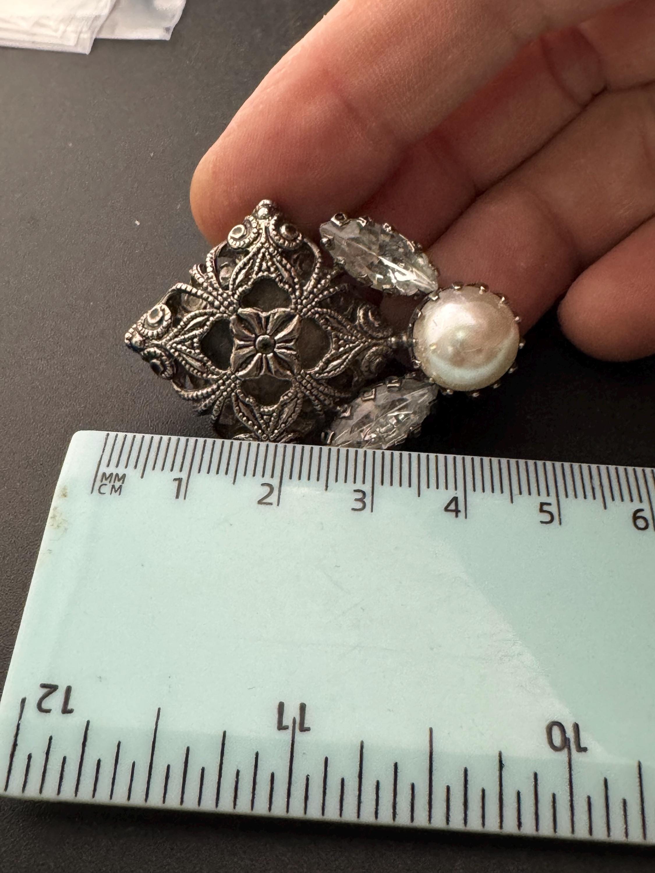 Oversized Faux Pearl and rhinestone filigree metal Clip On Earrings