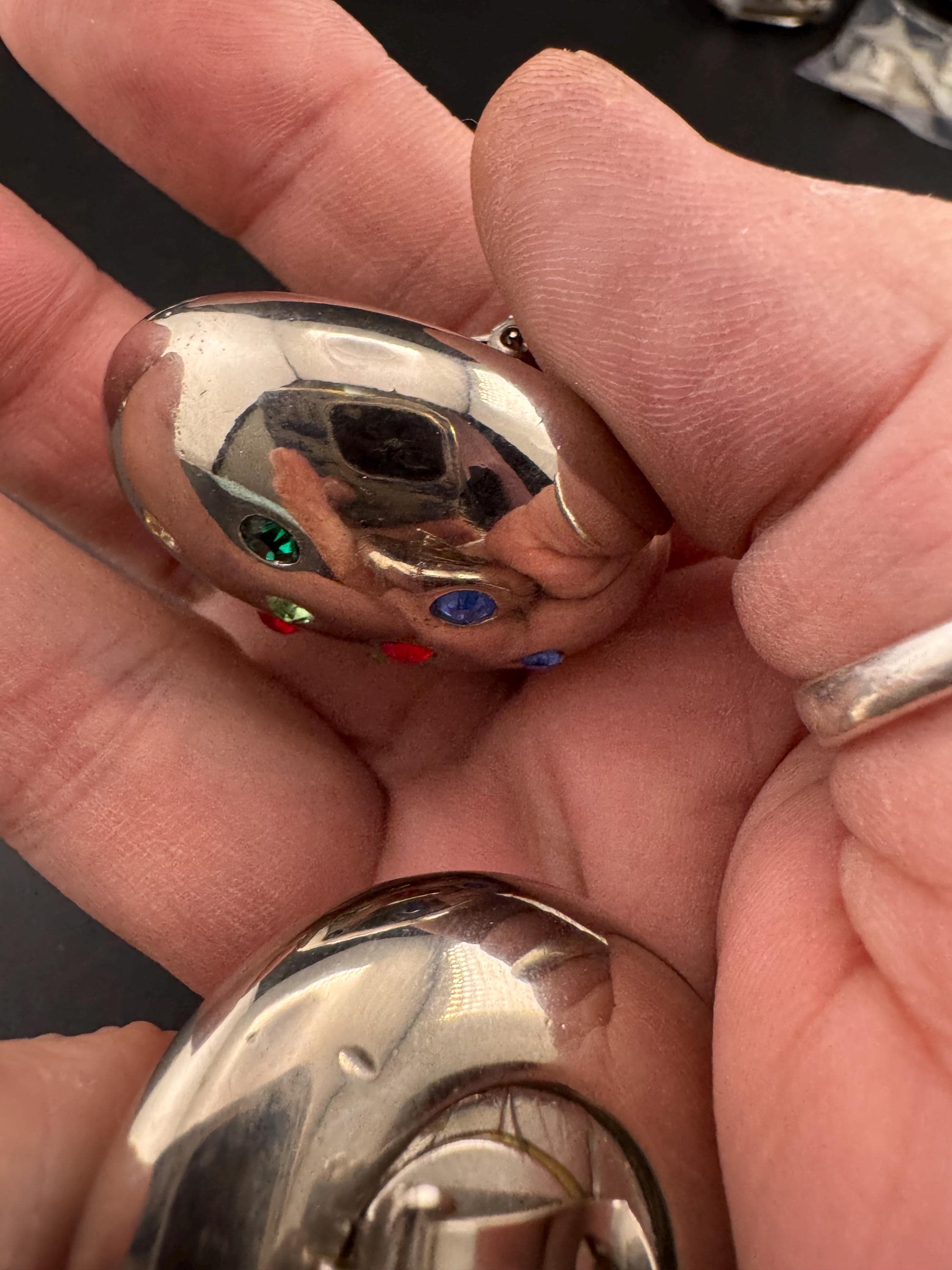 Vintage oversized mid century Rhinestone domed Clip On Earrings: rainbow Studs