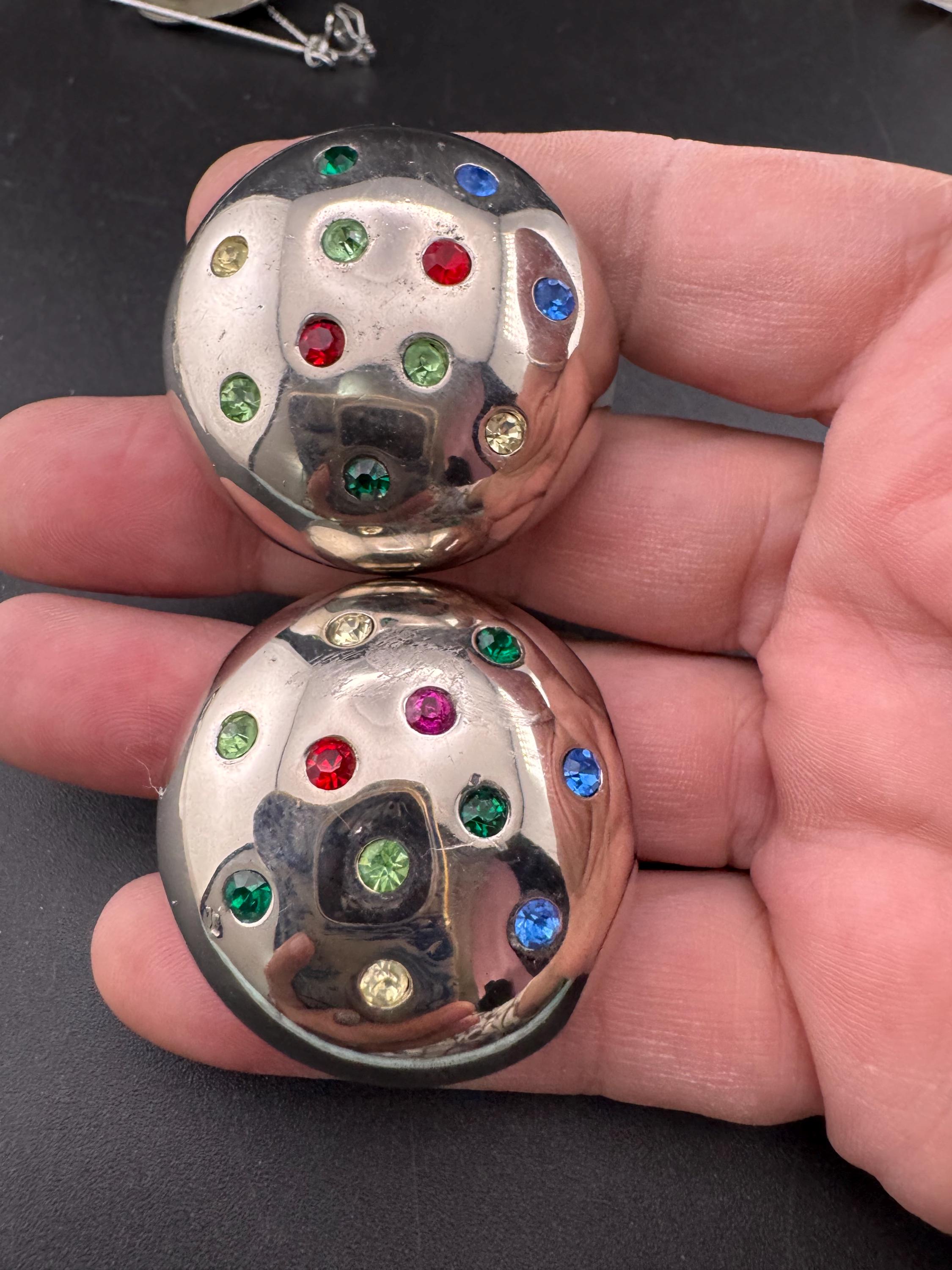 Vintage oversized mid century Rhinestone domed Clip On Earrings: rainbow Studs