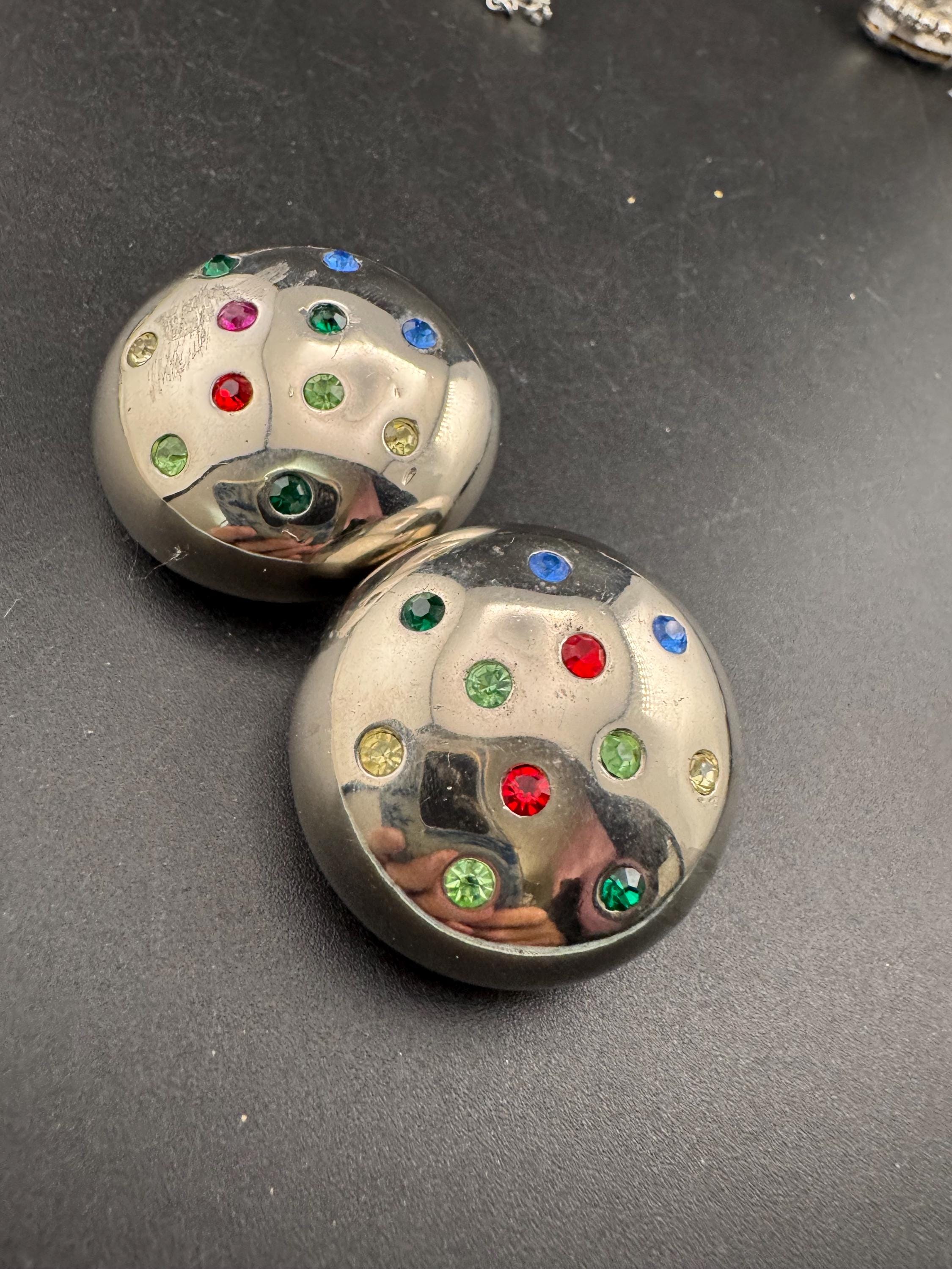 Vintage oversized mid century Rhinestone domed Clip On Earrings: rainbow Studs