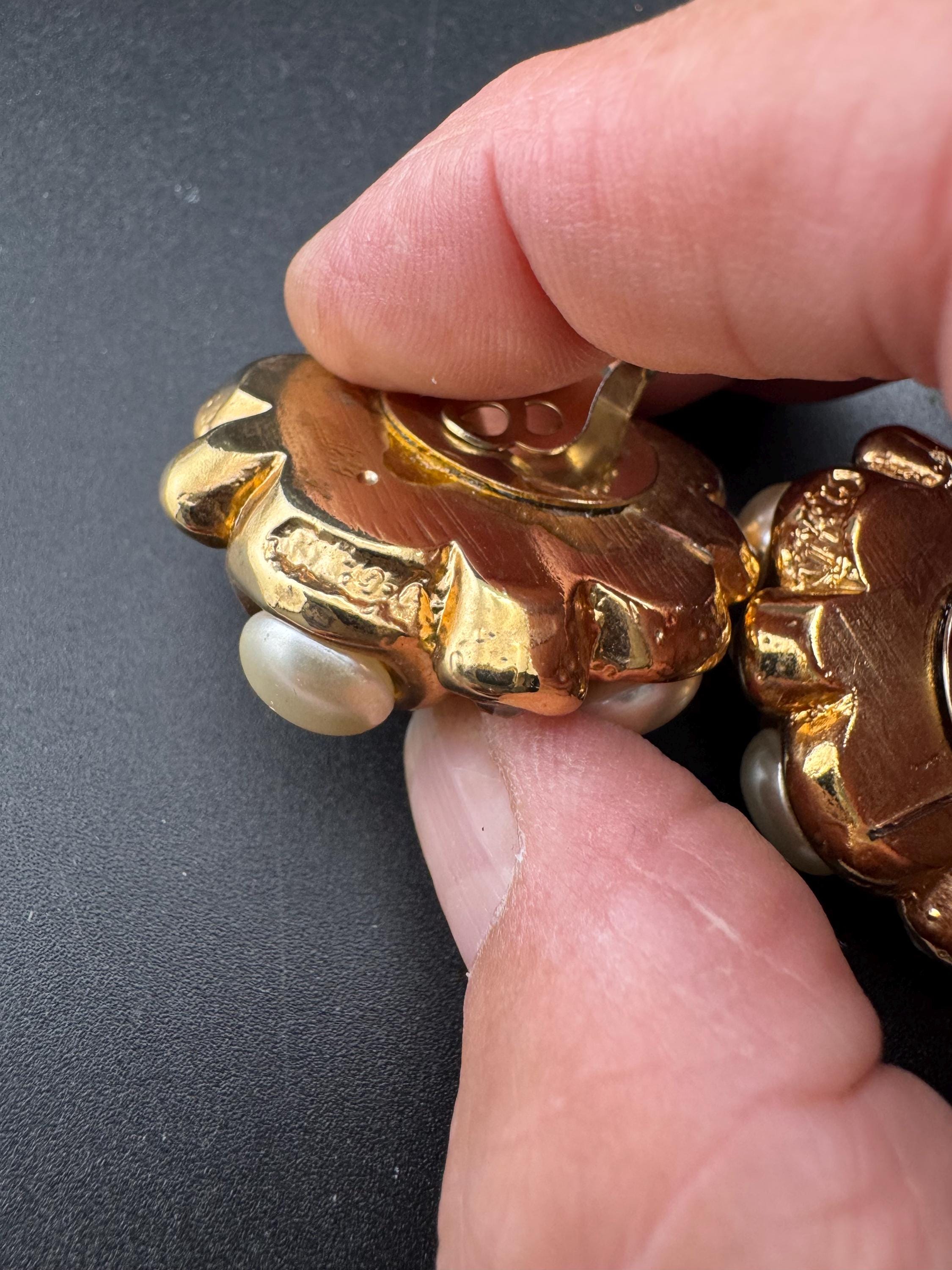 Jacky de G big gold pearl and rhinestone Clip On Earrings: Oversized designer studs