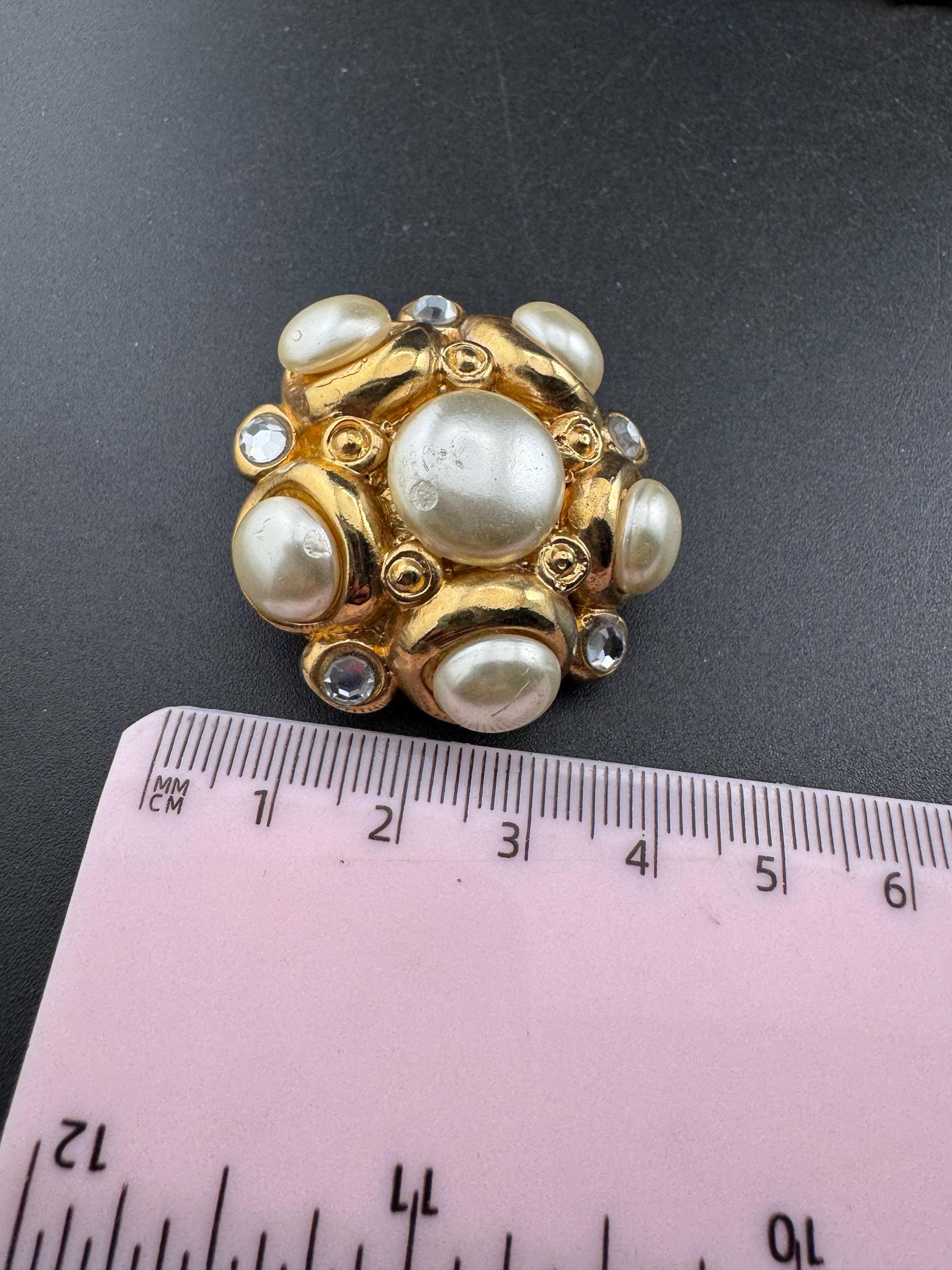 Jacky de G big gold pearl and rhinestone Clip On Earrings: Oversized designer studs