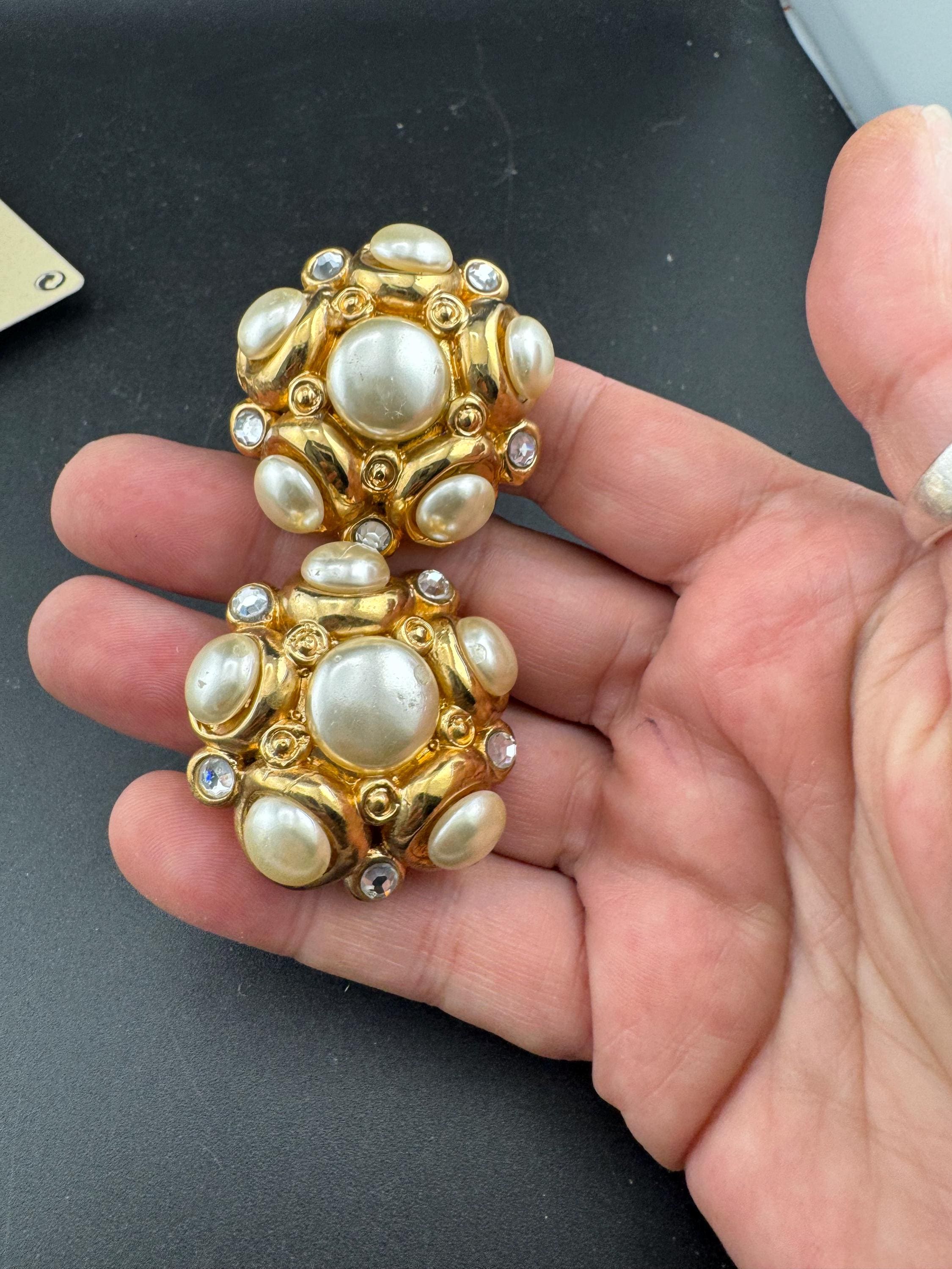Jacky de G big gold pearl and rhinestone Clip On Earrings: Oversized designer studs