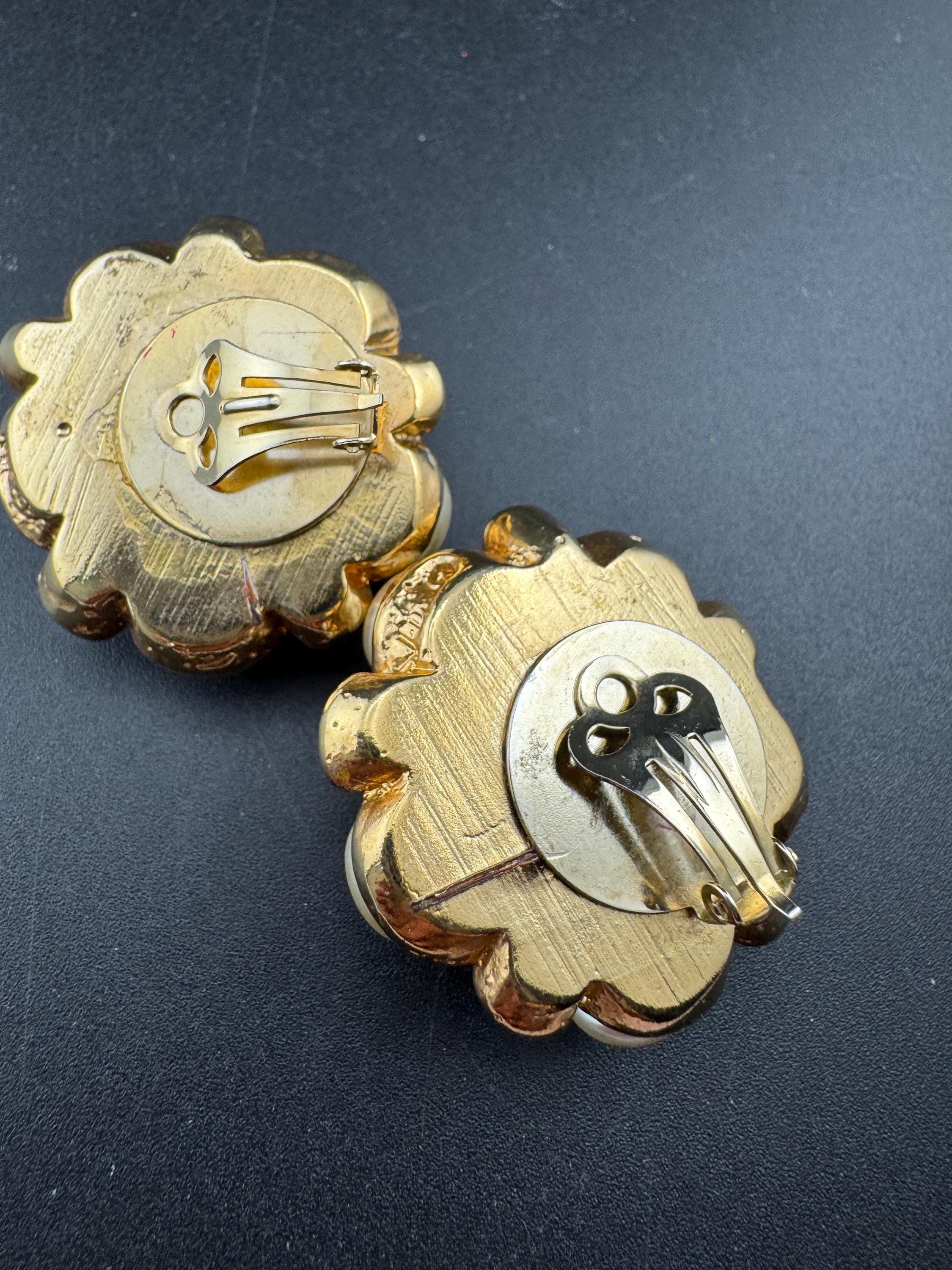 Jacky de G big gold pearl and rhinestone Clip On Earrings: Oversized designer studs