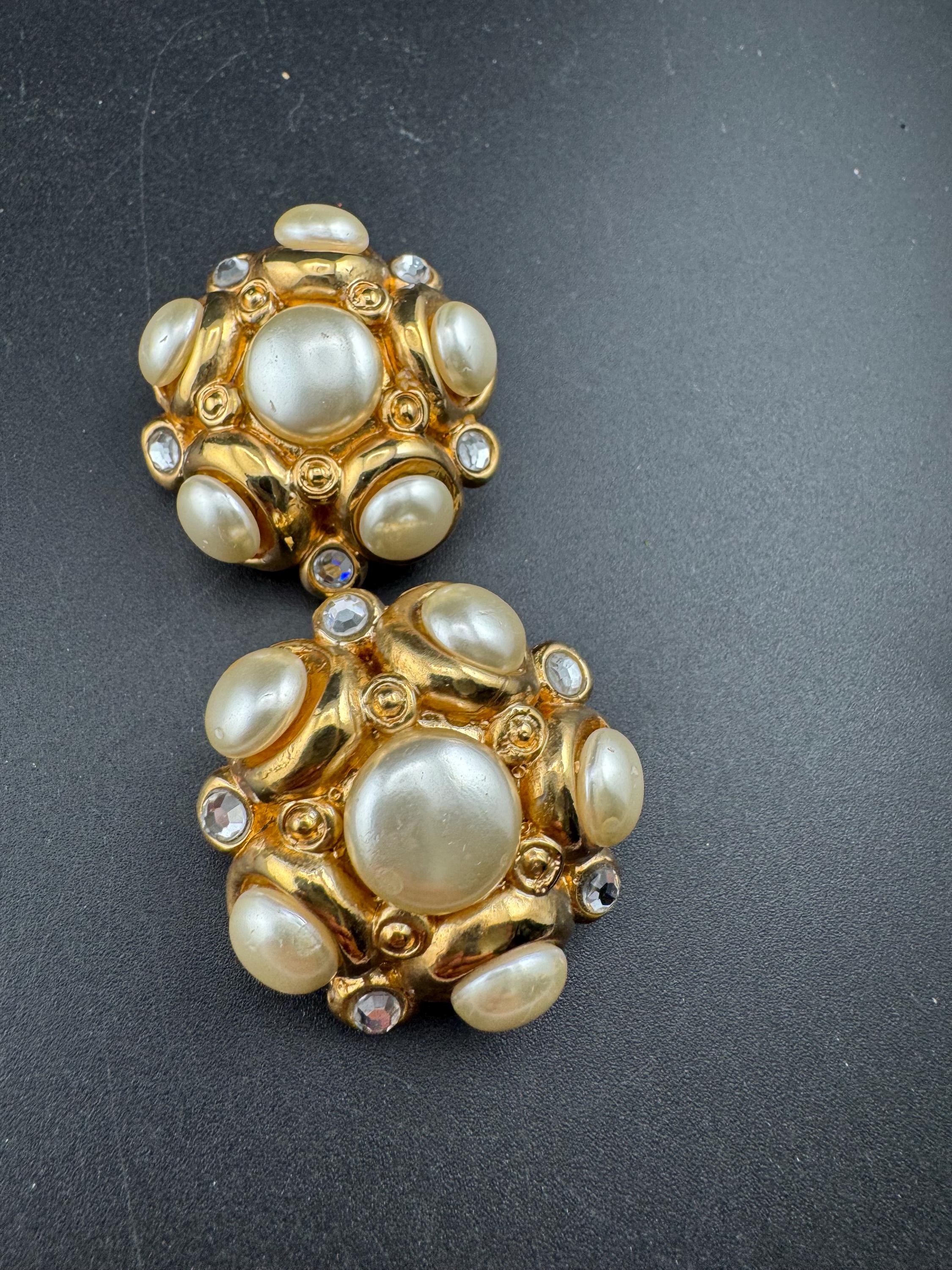Jacky de G big gold pearl and rhinestone Clip On Earrings: Oversized designer studs