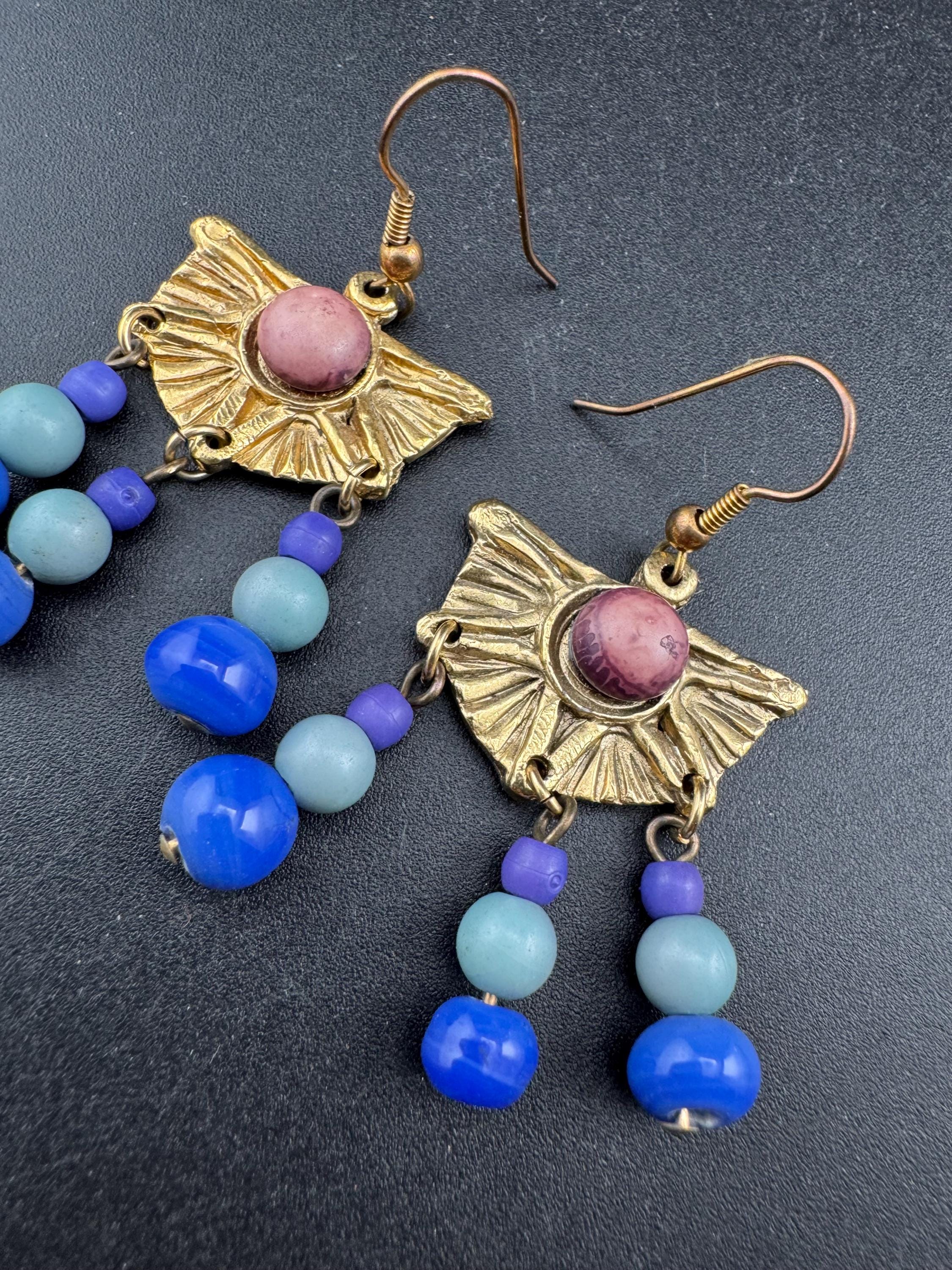 Jacky de G blue and gold Egyptian revival beaded dangly Earrings: pierced