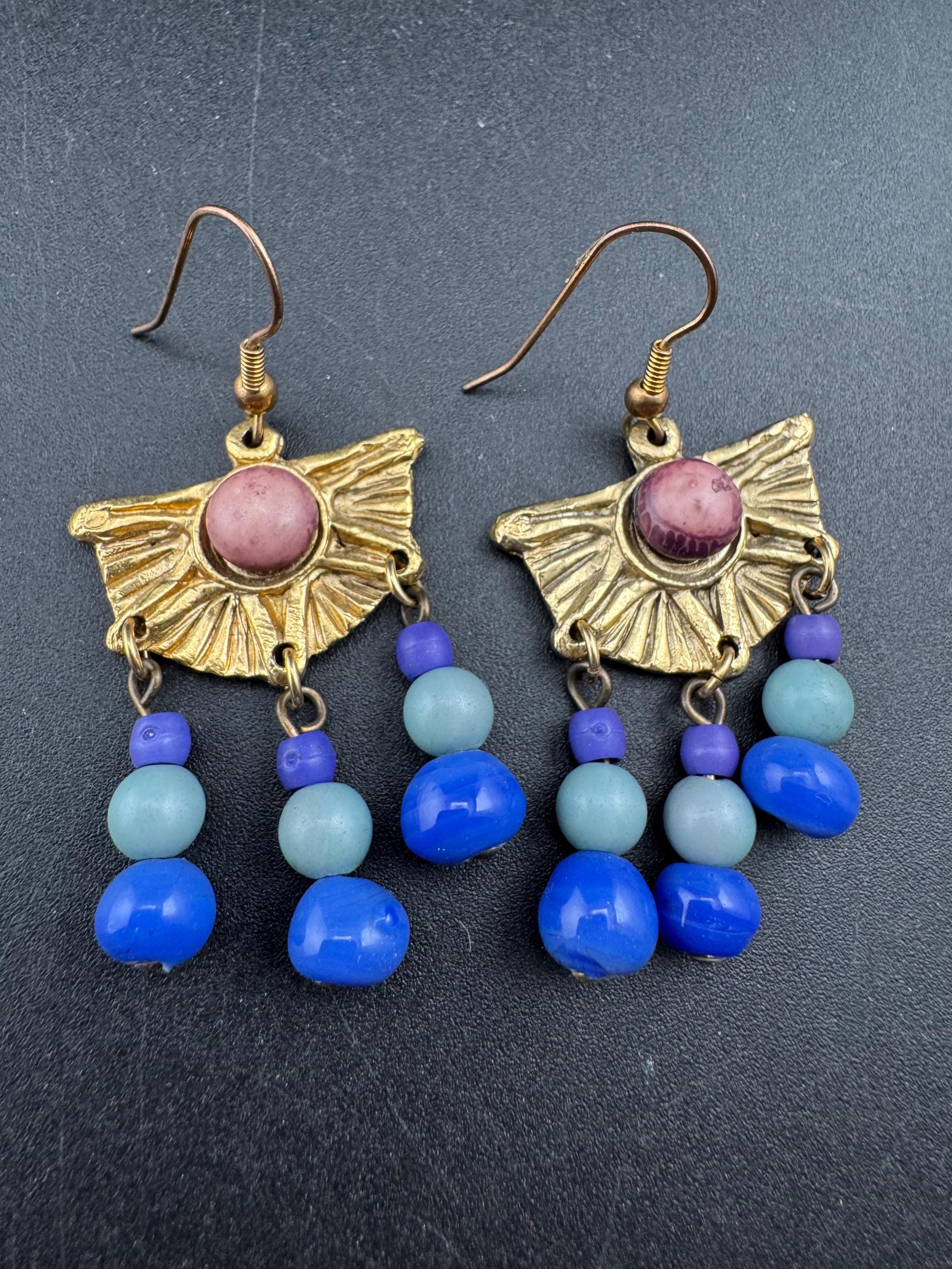 Jacky de G blue and gold Egyptian revival beaded dangly Earrings: pierced