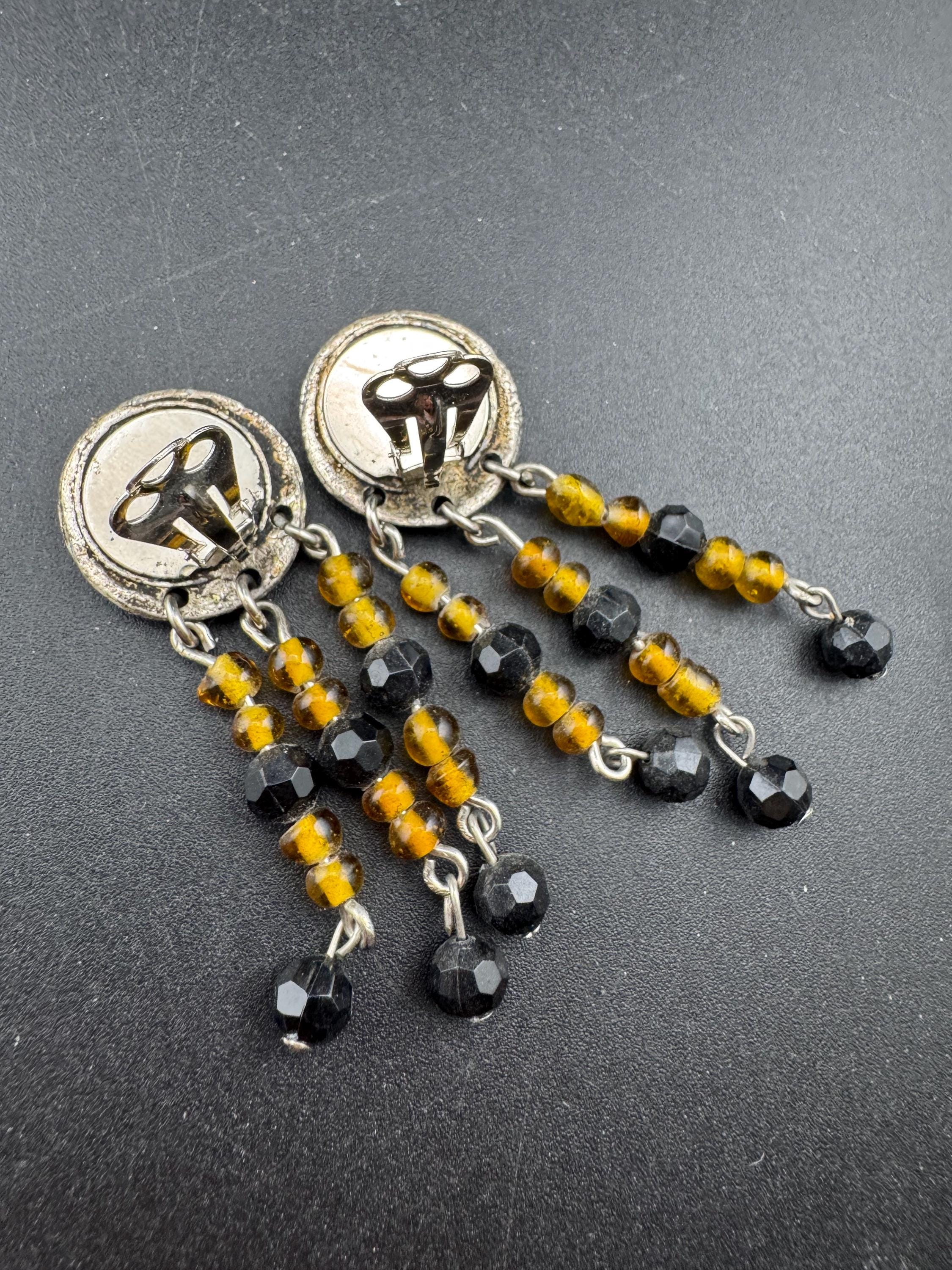 Jacky de G black , amber and silver beaded dangly Earrings: pierced