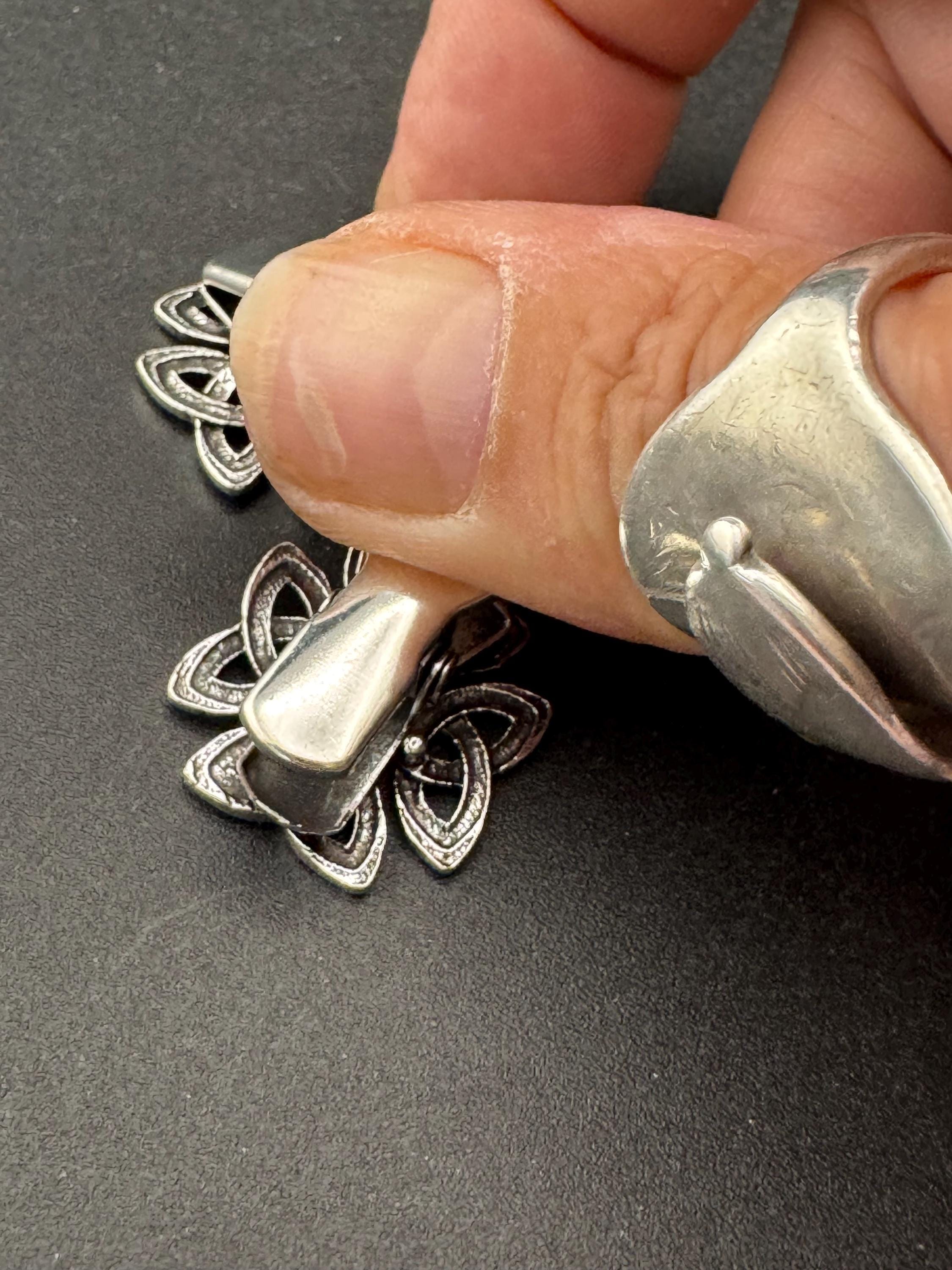 Silver Celtic Scottish style cardigan cloak clasp clip, spring hinged closure