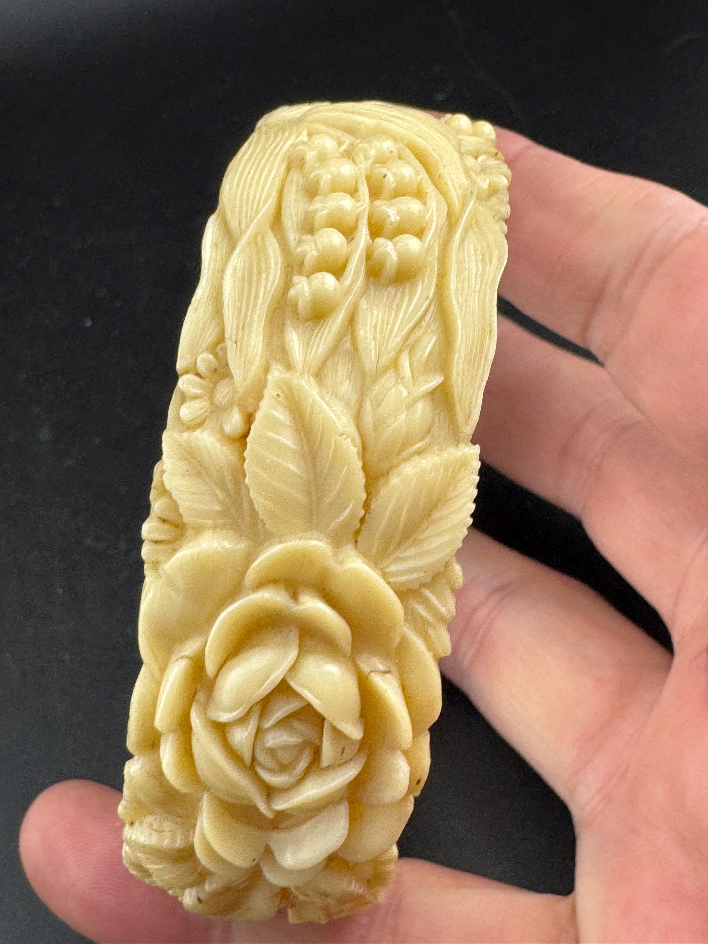 Antique Vintage Early Plastic Faux Bone Horn Celluloid Carved Bangle Bracelet