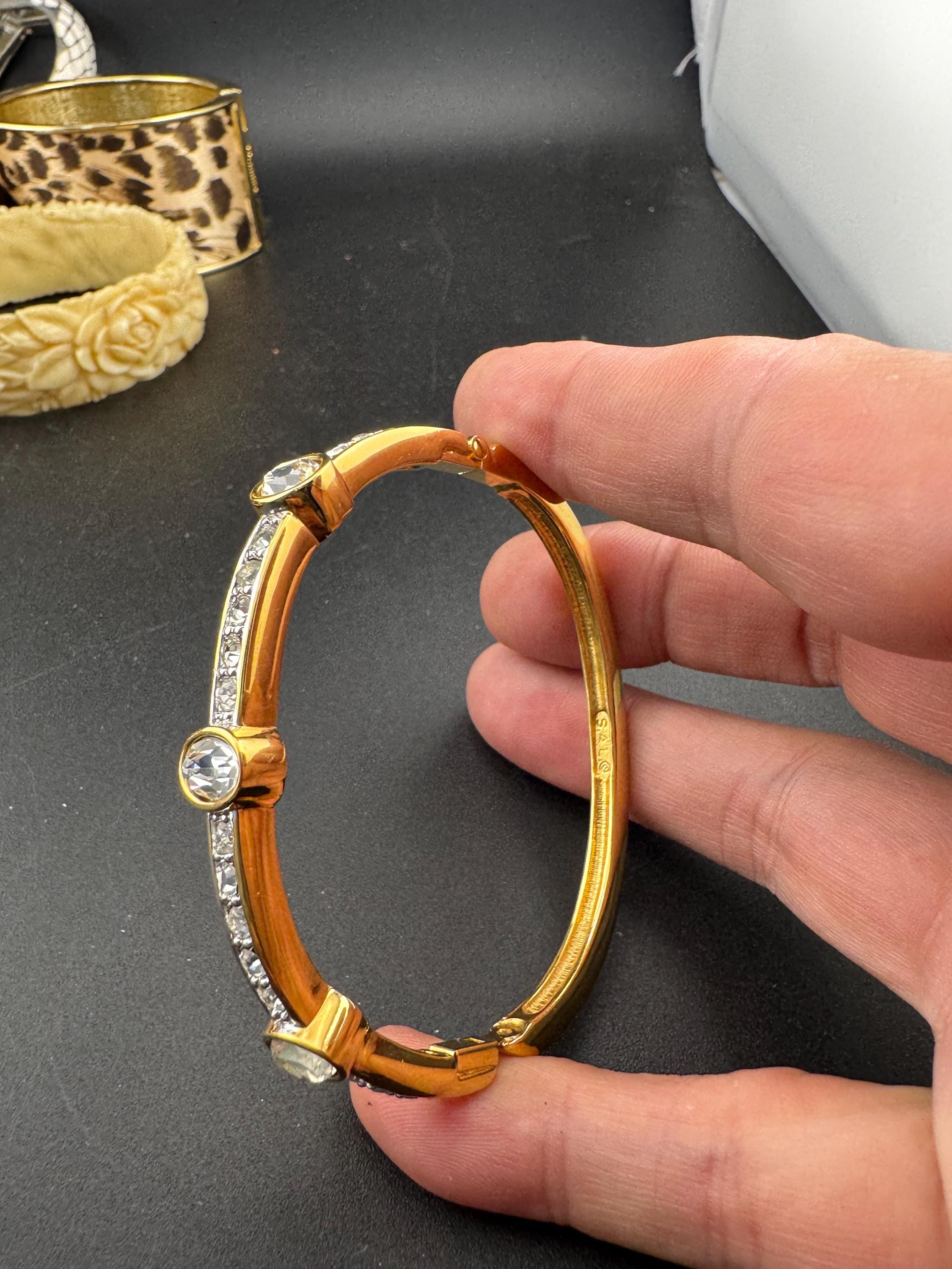 Early SAL signed swan Swarovski bangle crystal wide gold plated designer clamper bracelet