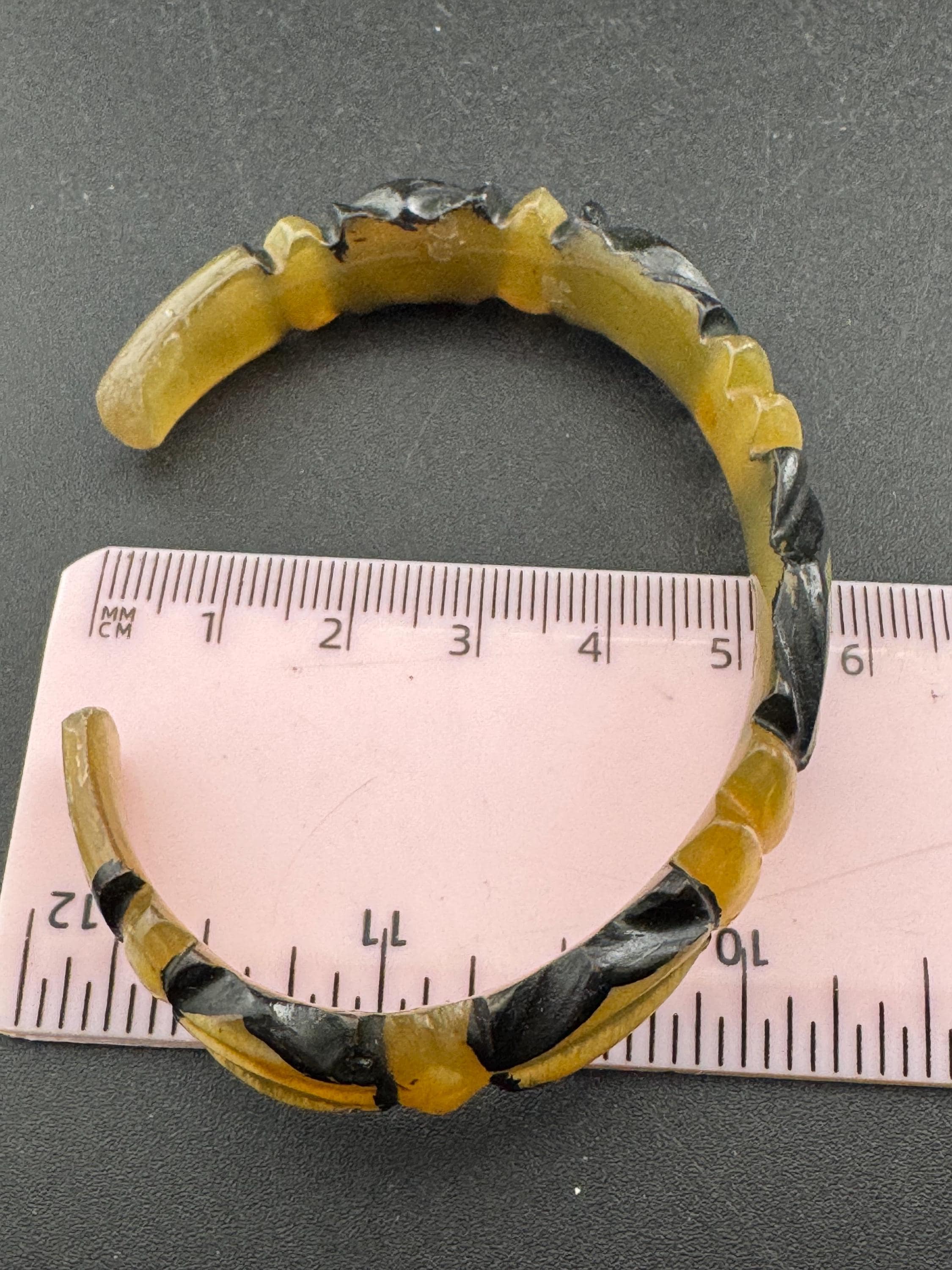 Antique Early Plastic Faux Bone Horn Celluloid Carved Bangle Bracelet, art deco