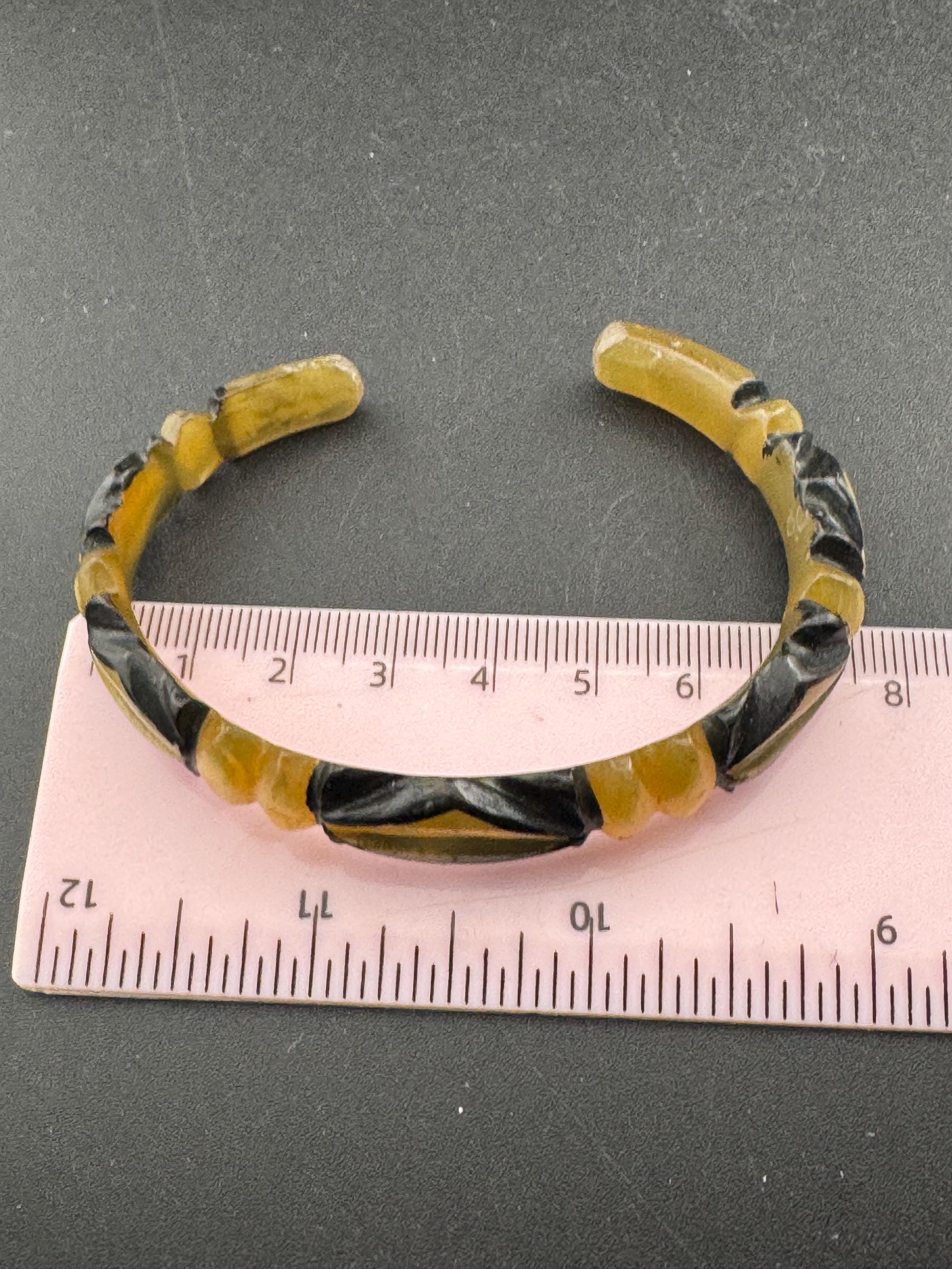 Antique Early Plastic Faux Bone Horn Celluloid Carved Bangle Bracelet, art deco