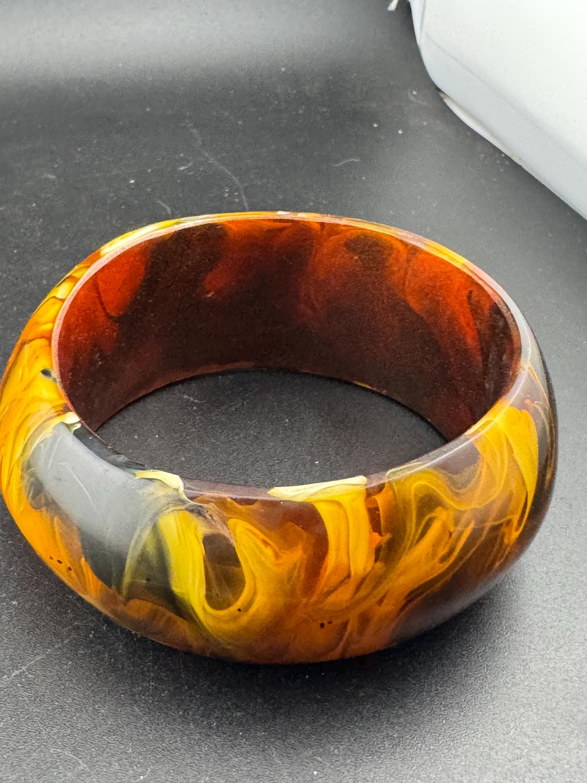 Brown orange marbled plastic wide cuff bangle bracelet : faux tortoiseshell