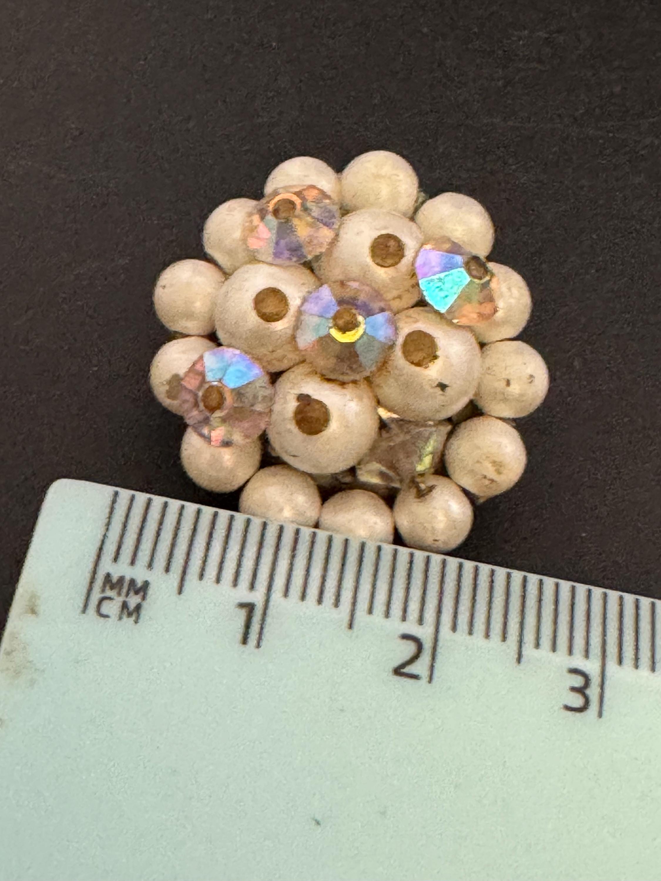 Vintage 1950s rainbow AB glass faux Pearl beaded Cluster Clip On Earrings