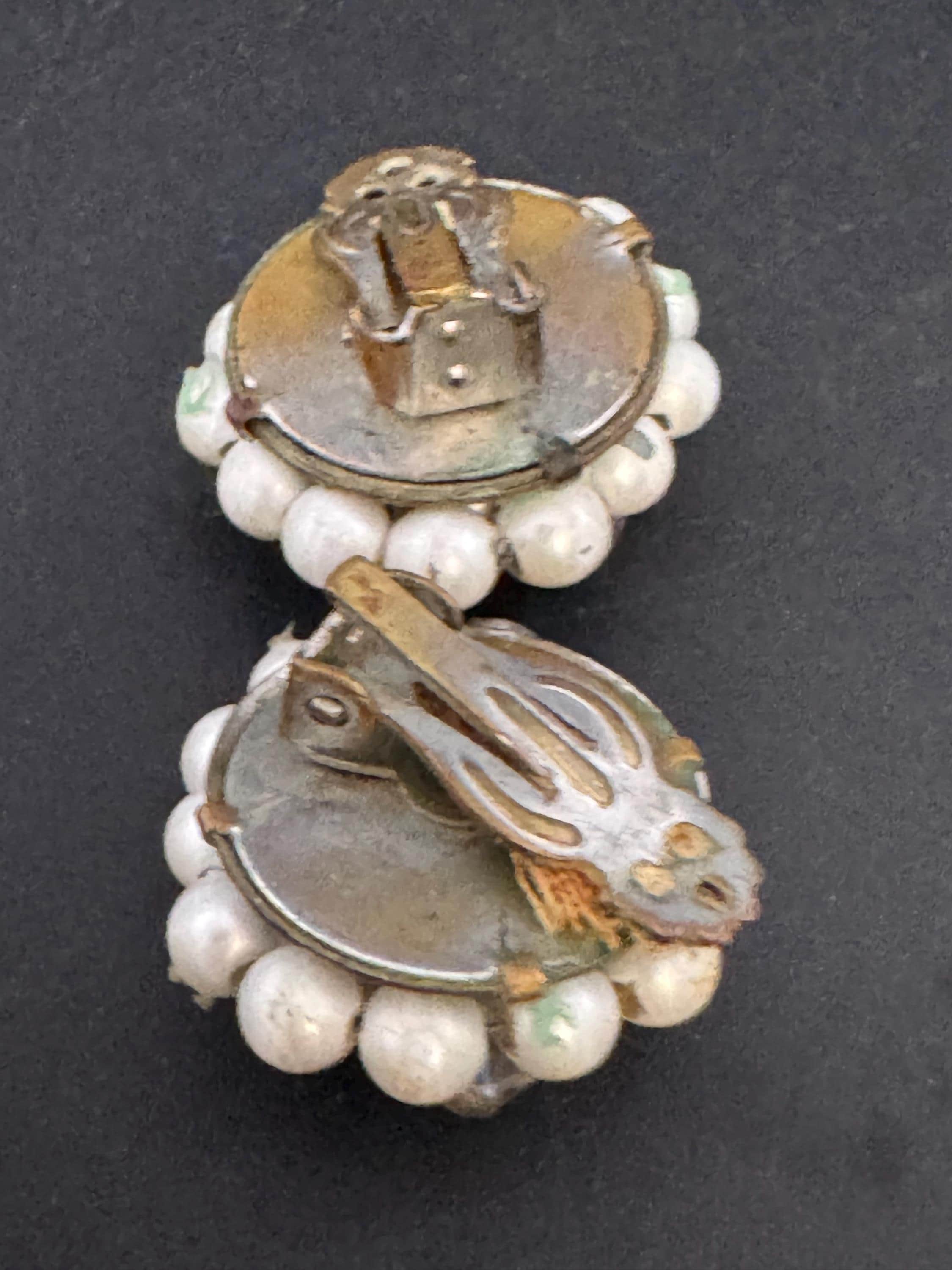 Vintage 1950s rainbow AB glass faux Pearl beaded Cluster Clip On Earrings