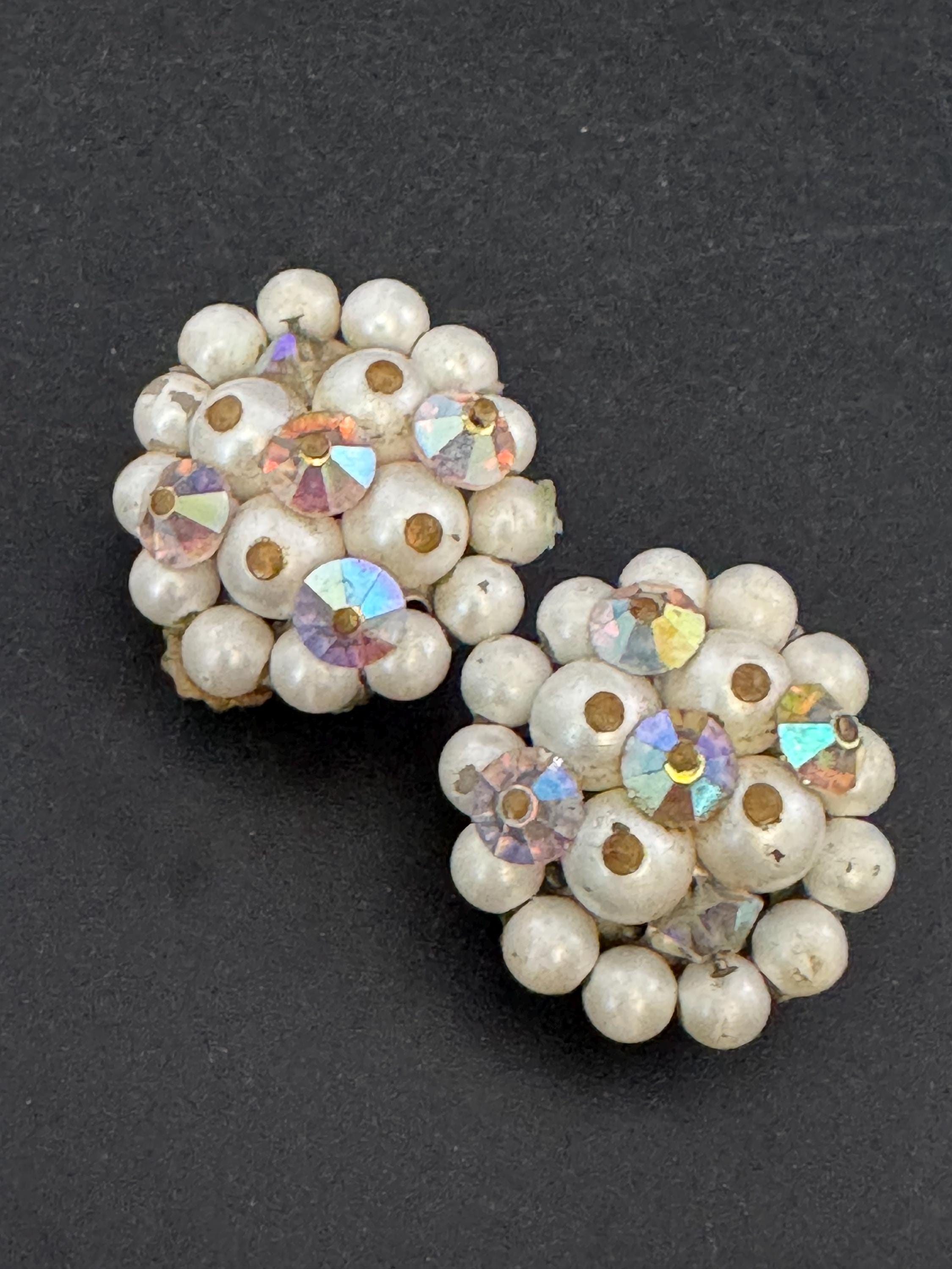 Vintage 1950s rainbow AB glass faux Pearl beaded Cluster Clip On Earrings