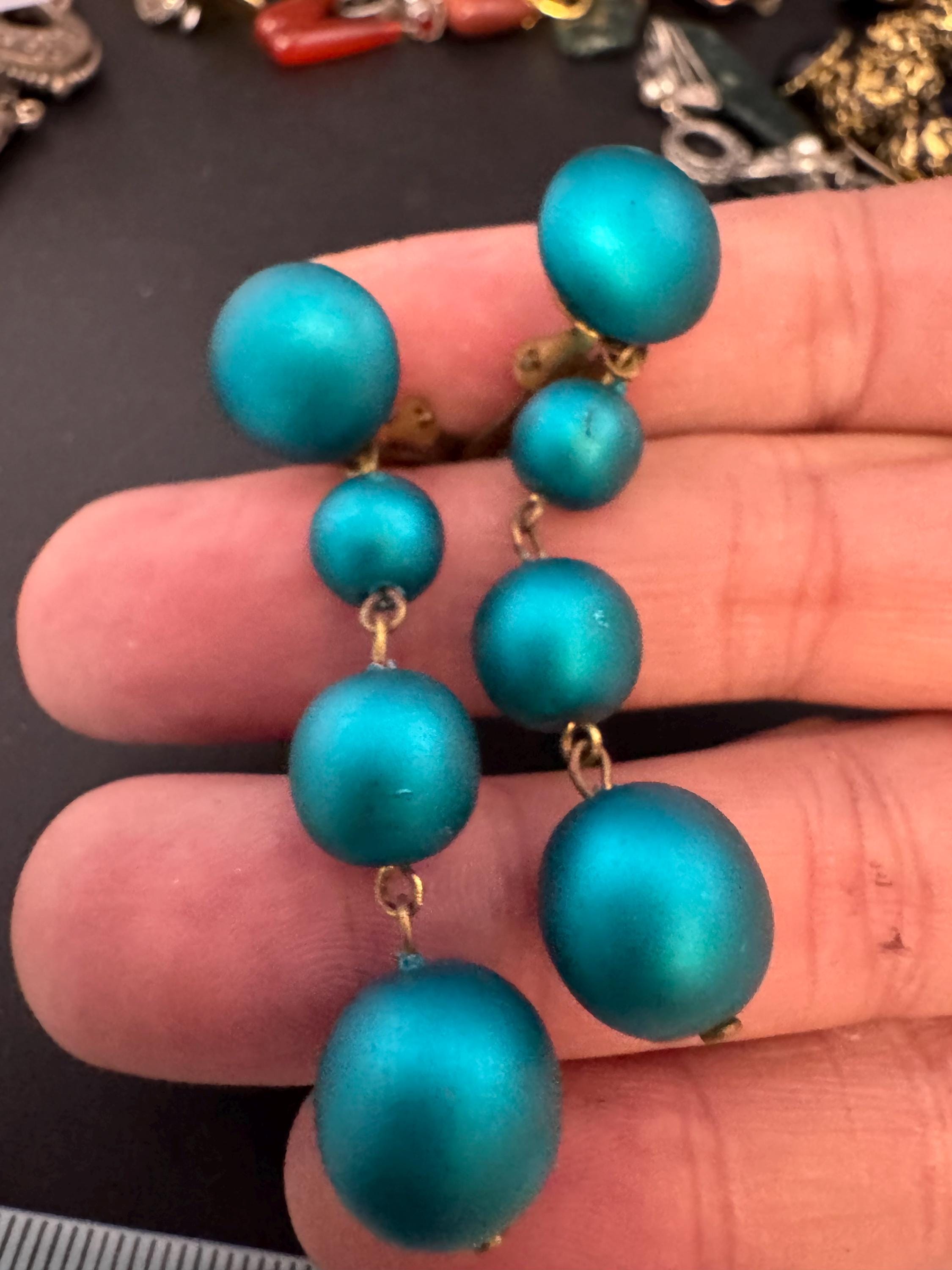 Vintage teal green acrylic bead dangly clip on earrings