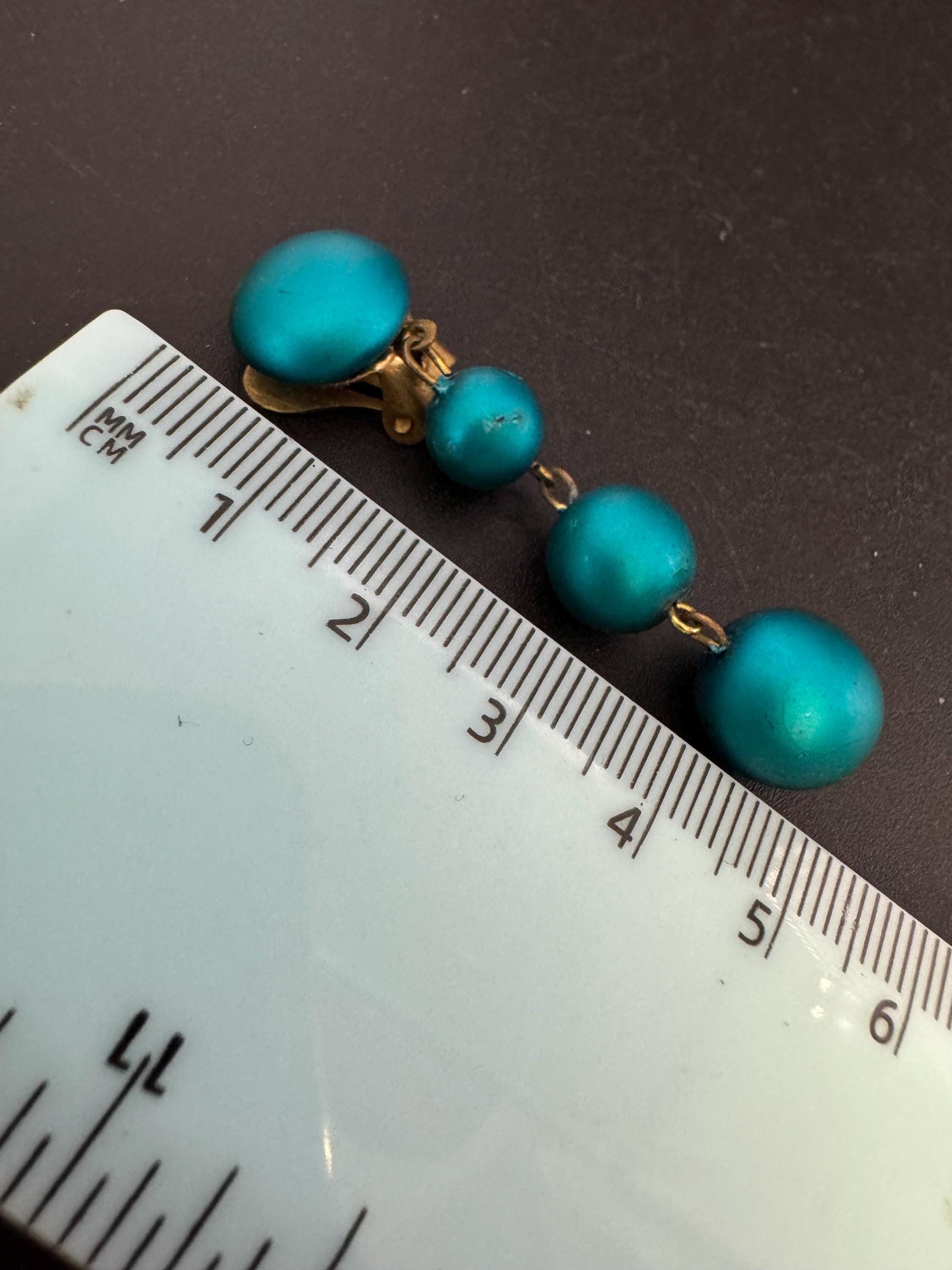 Vintage teal green acrylic bead dangly clip on earrings