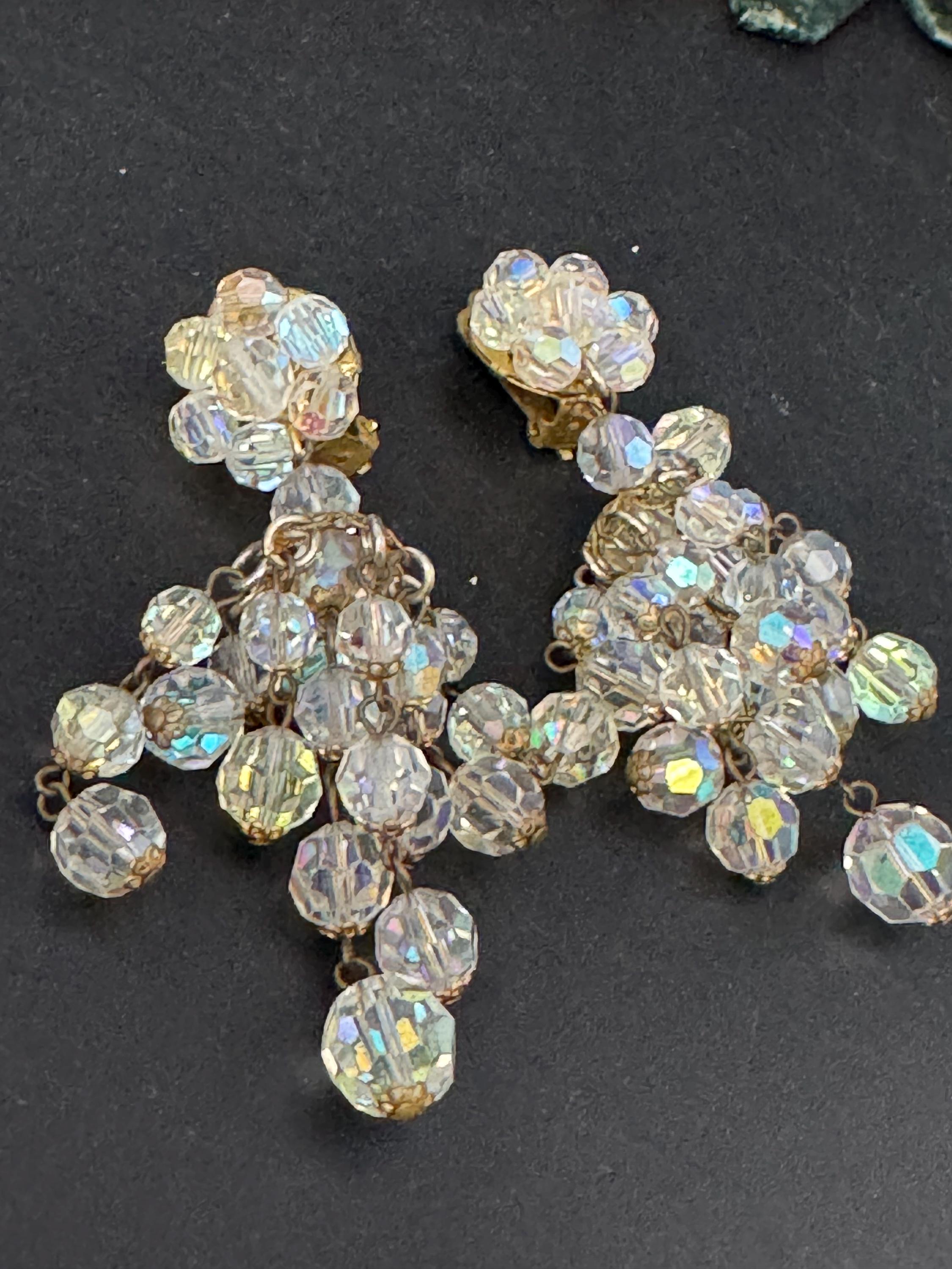 Vintage clear aurora borealis glass beaded chandelier drop clip on earrings