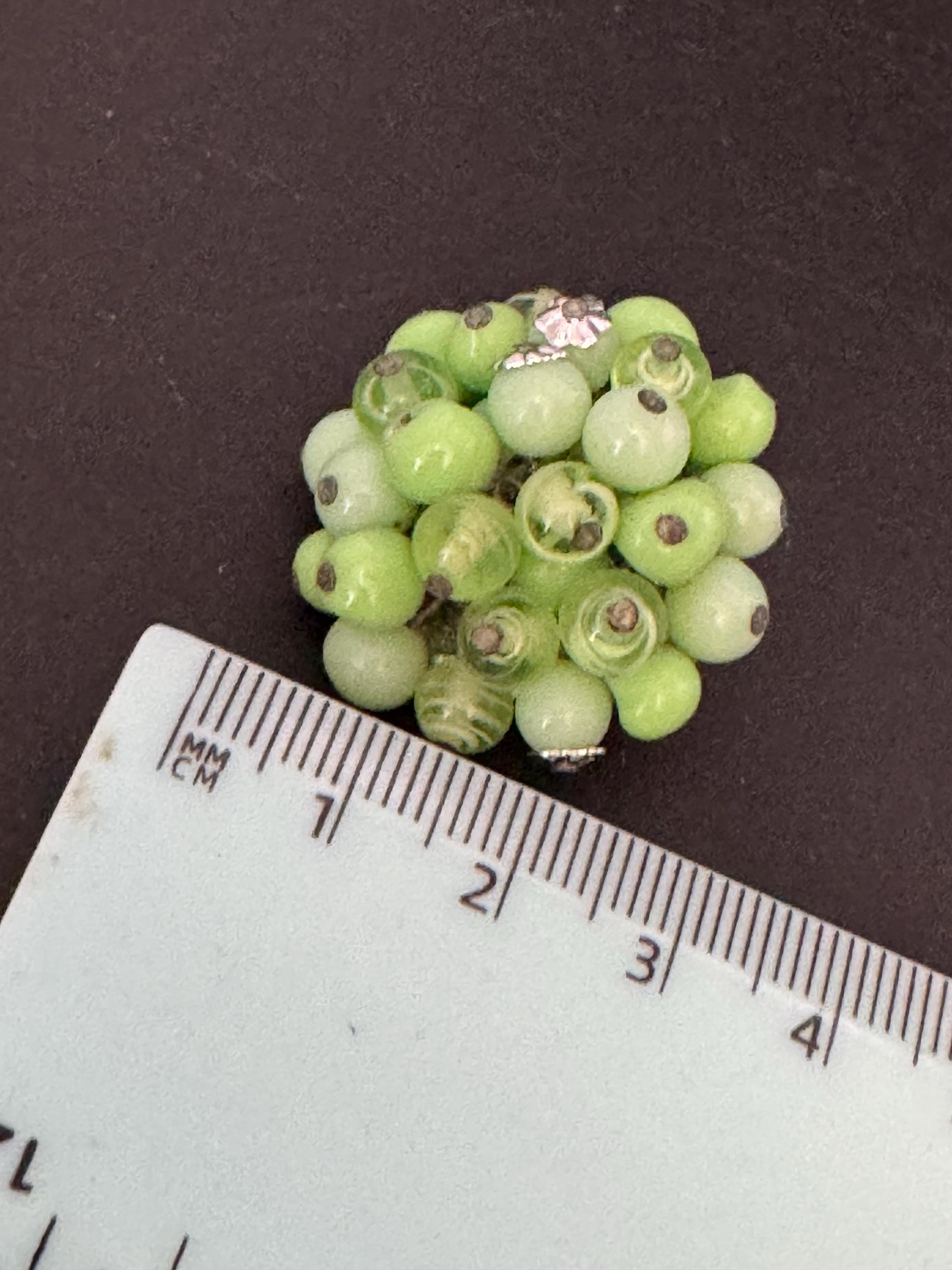 Vintage Green glass beaded cluster clip on earrings