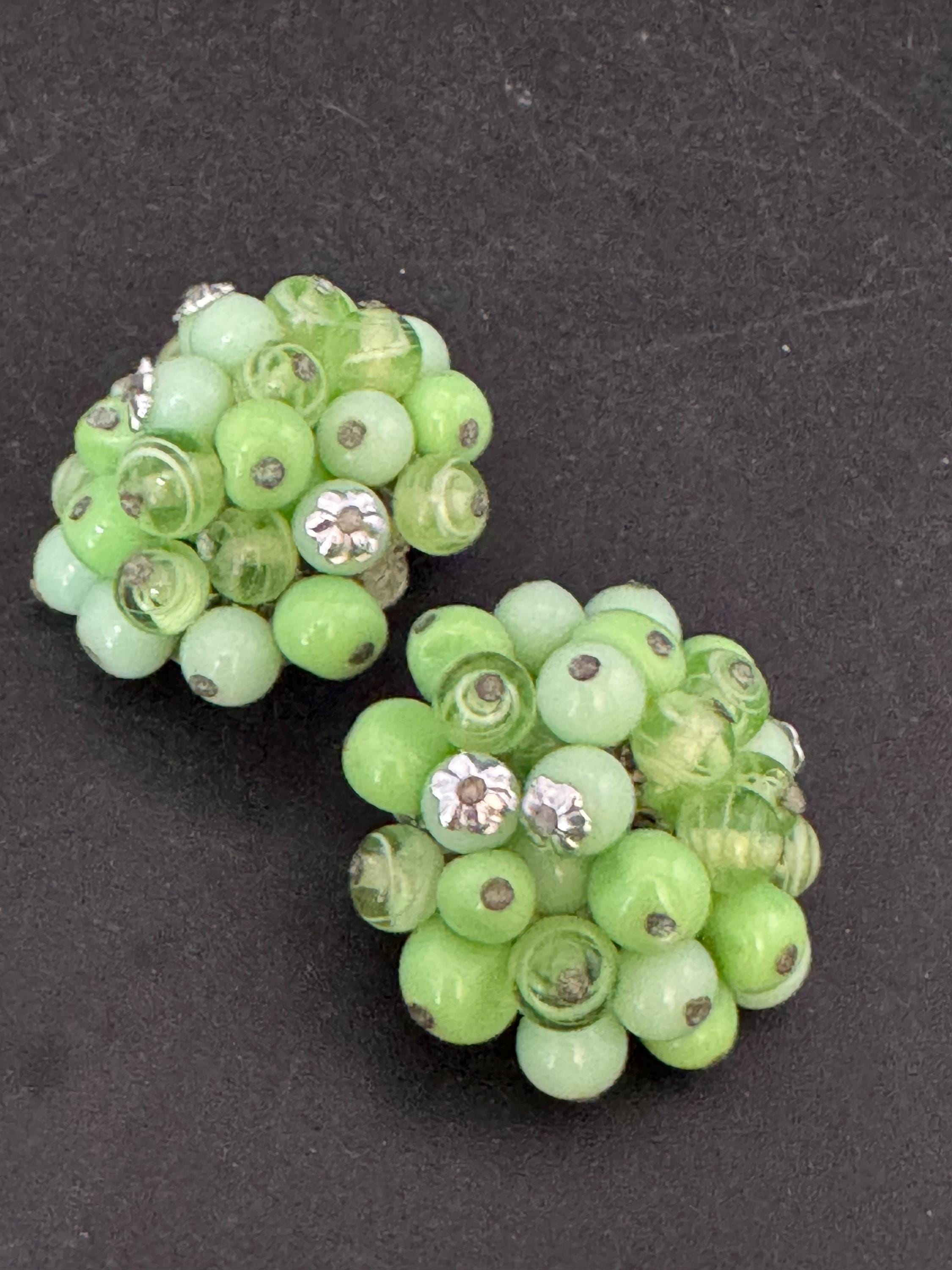 Vintage Green glass beaded cluster clip on earrings
