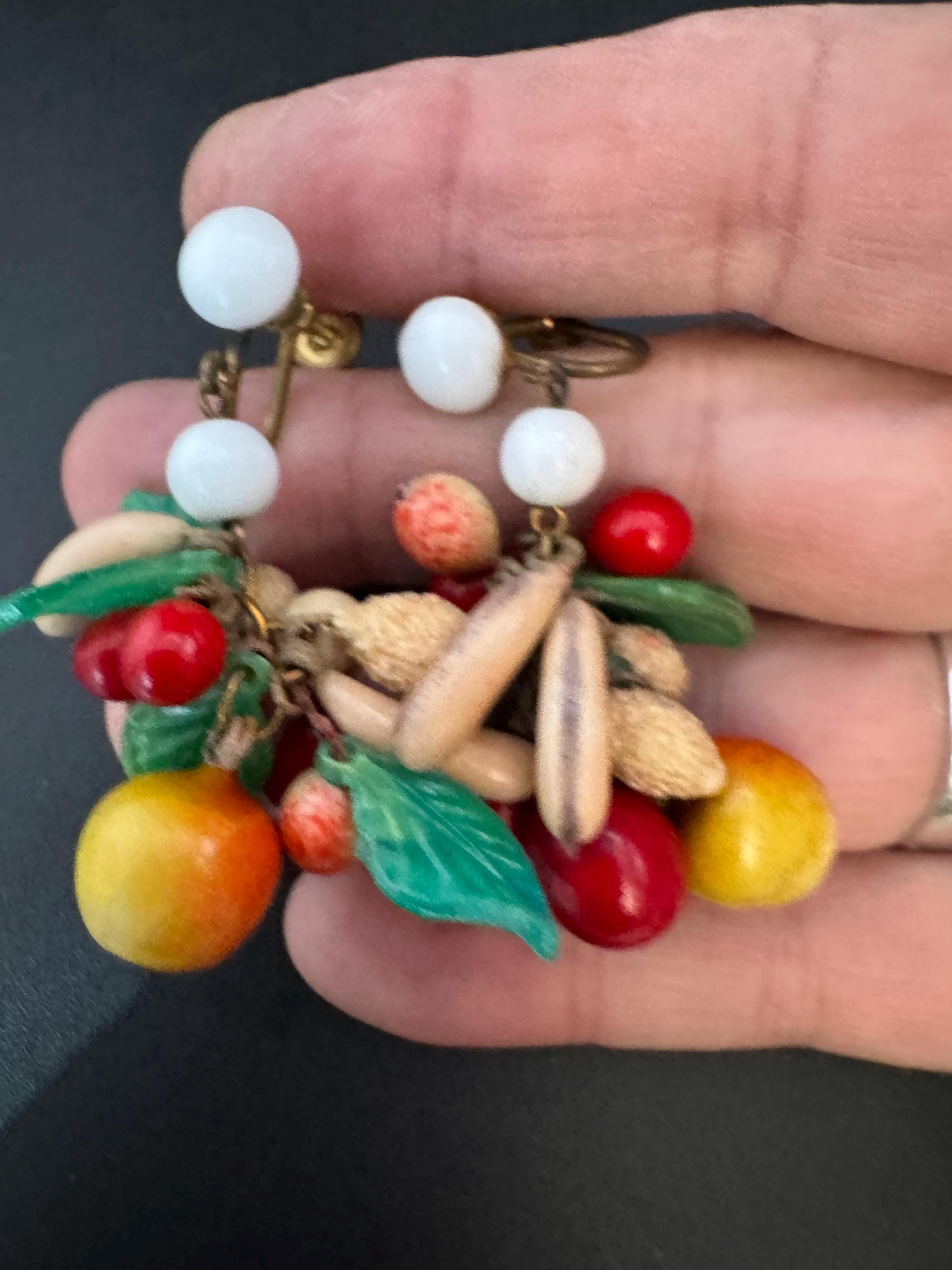 vintage fruit dangly cluster clip on earrings 1930s Art Deco