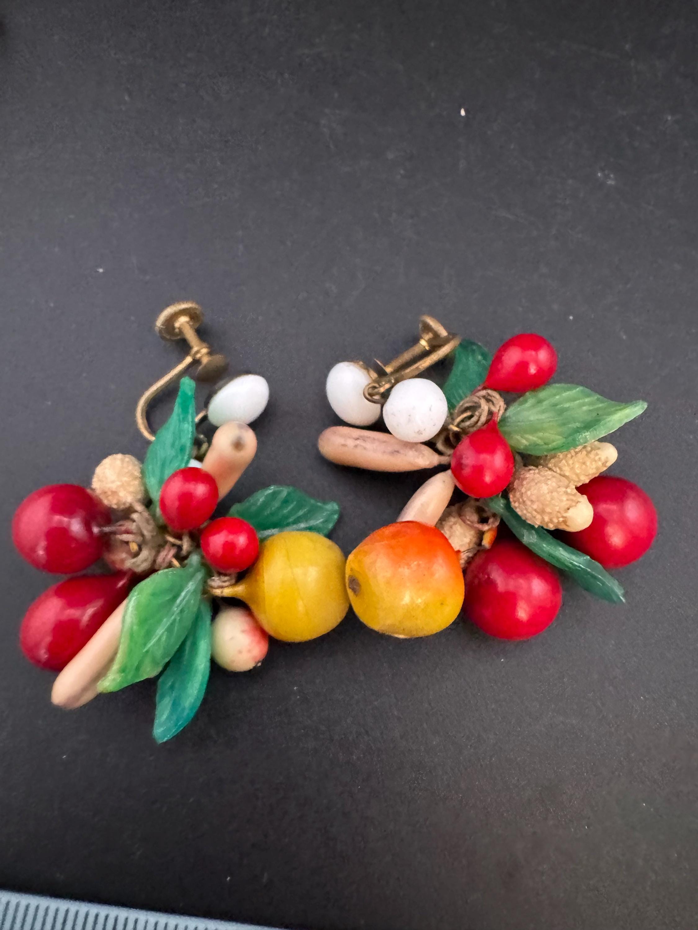 vintage fruit dangly cluster clip on earrings 1930s Art Deco