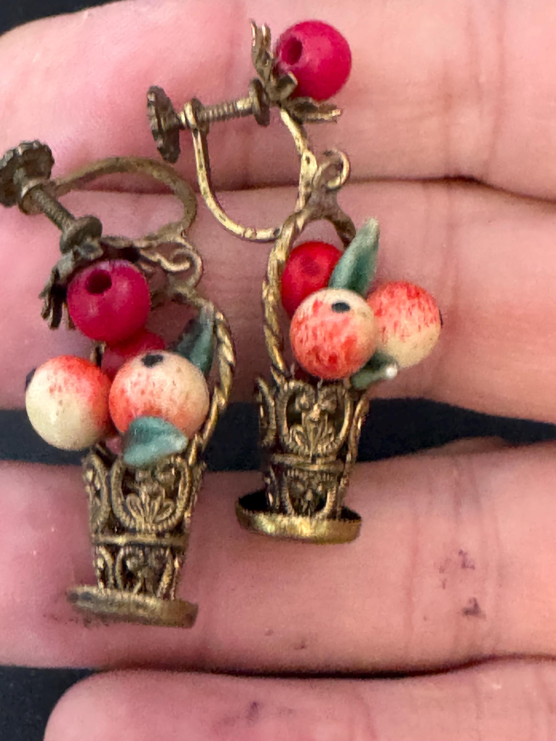 vintage brass FRUIT Basket clip on drop earrings 1930s Art Deco